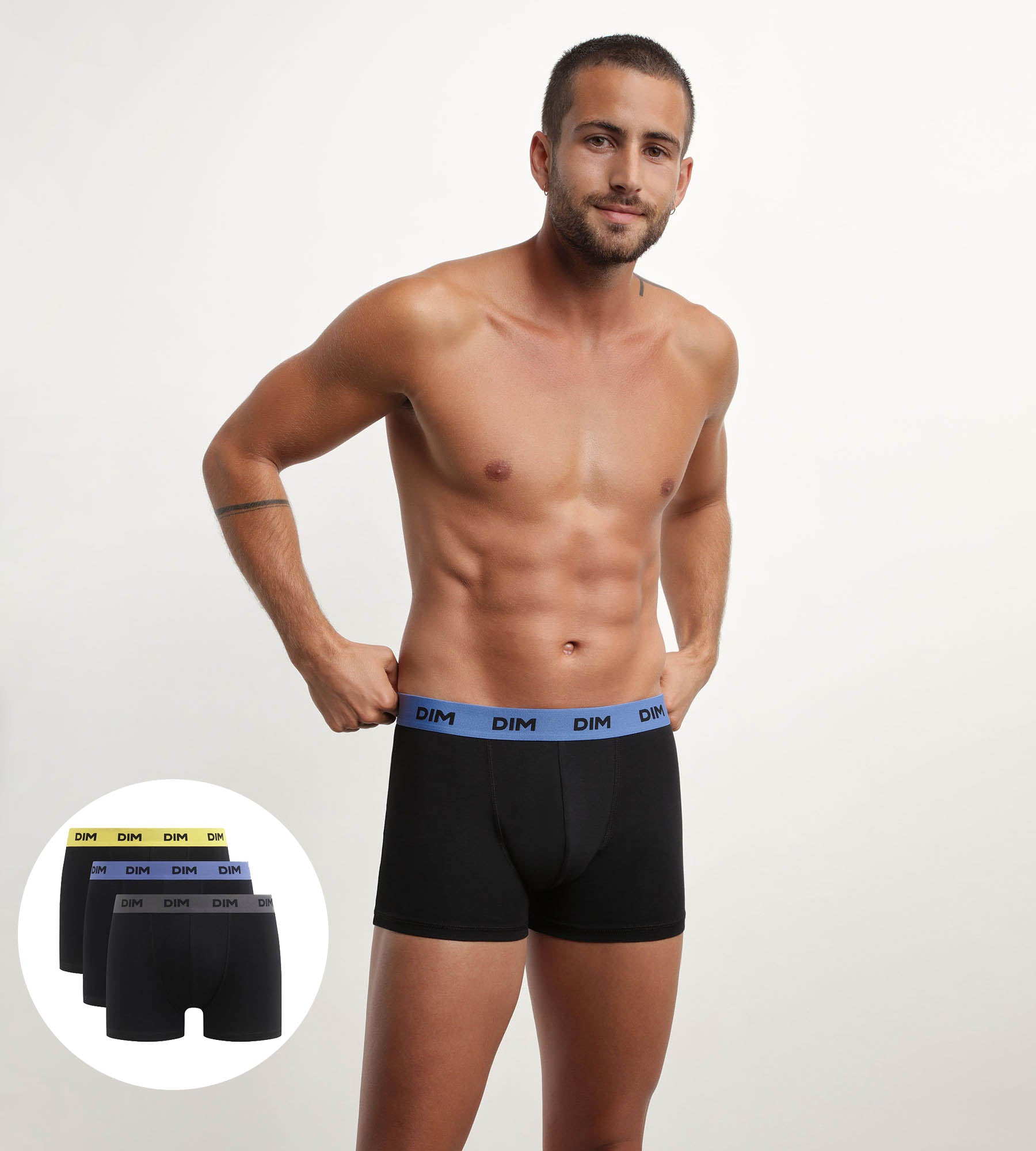 DIM Pack de 3 bóxers de hombre negros con cinturilla de color Mimosa Lila Mix & Colors