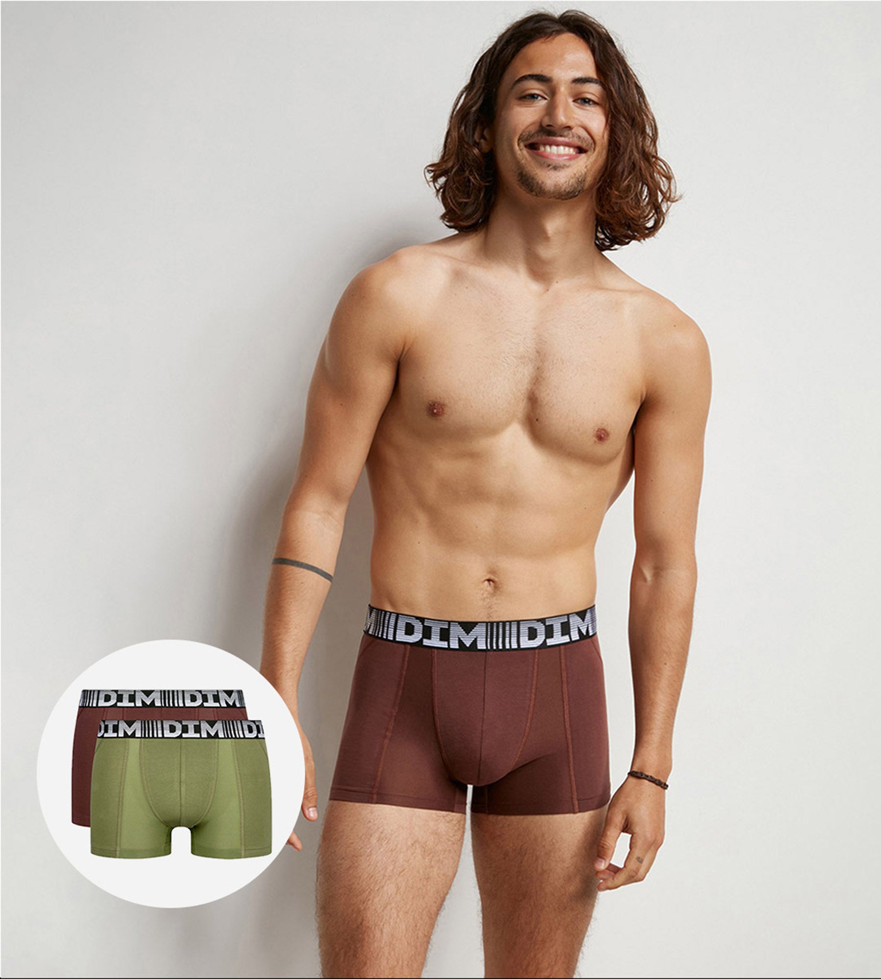 DIM Pack de 2 bóxer para hombre antitranspirables de algodón y licra Caqui 3D Flex Air