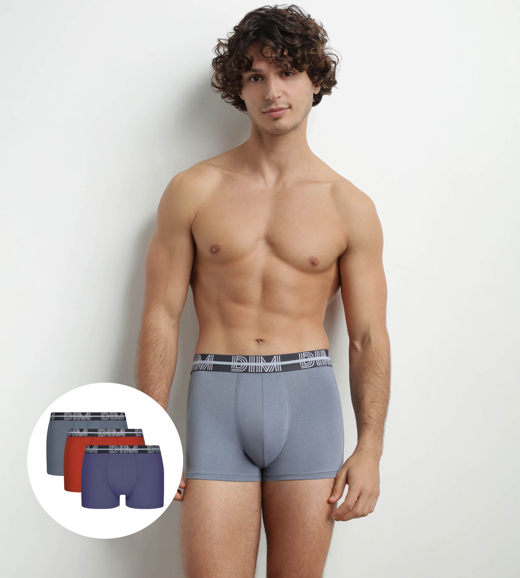 DIM Pack de 3 bóxers de hombre con cinturón 3D Azul Rojo Gris Dim Powerful
