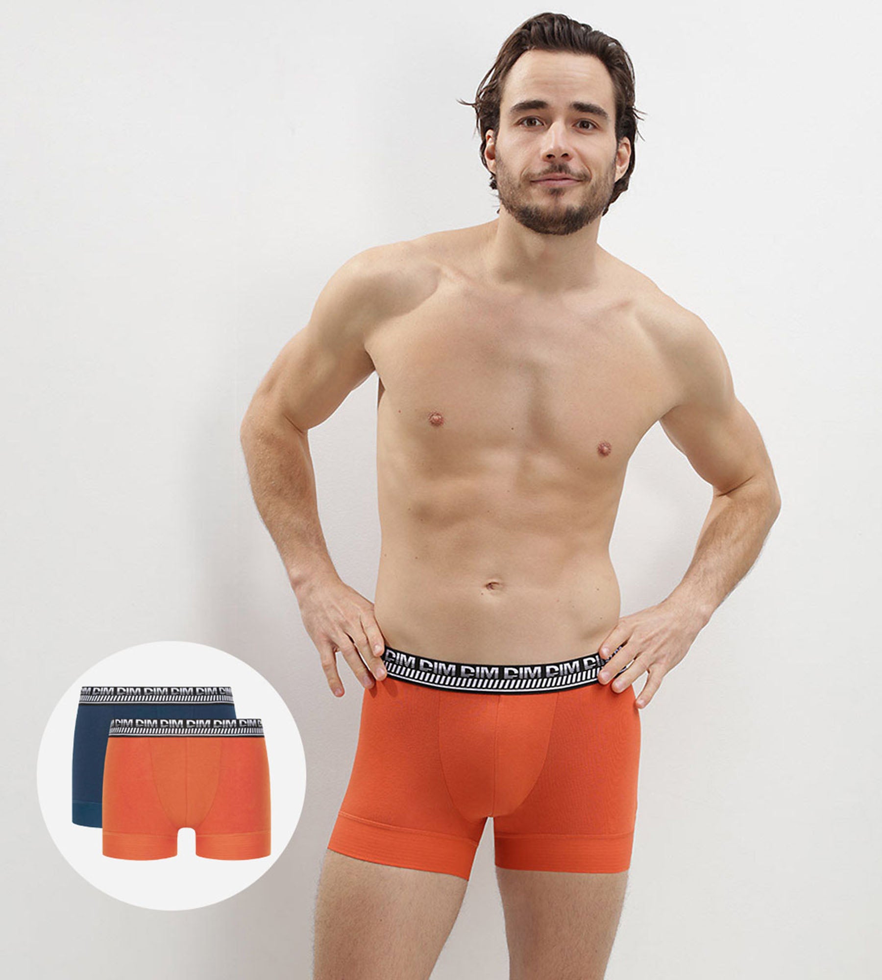 DIM Juego de 2 bóxers para hombre en algodón elástico Azul Naranja Stay and Fit