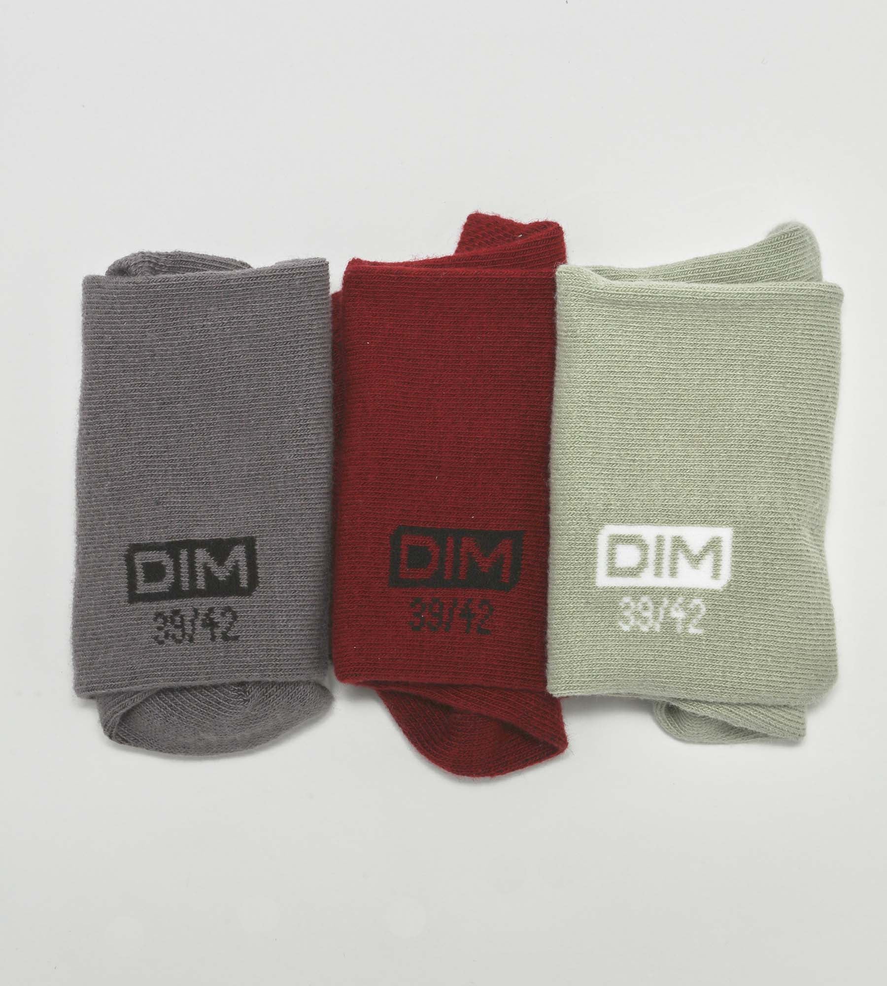 DIM Pack de 3 pares de calcetines de hombre Gris, Rojo y Verde claro Dim Coton