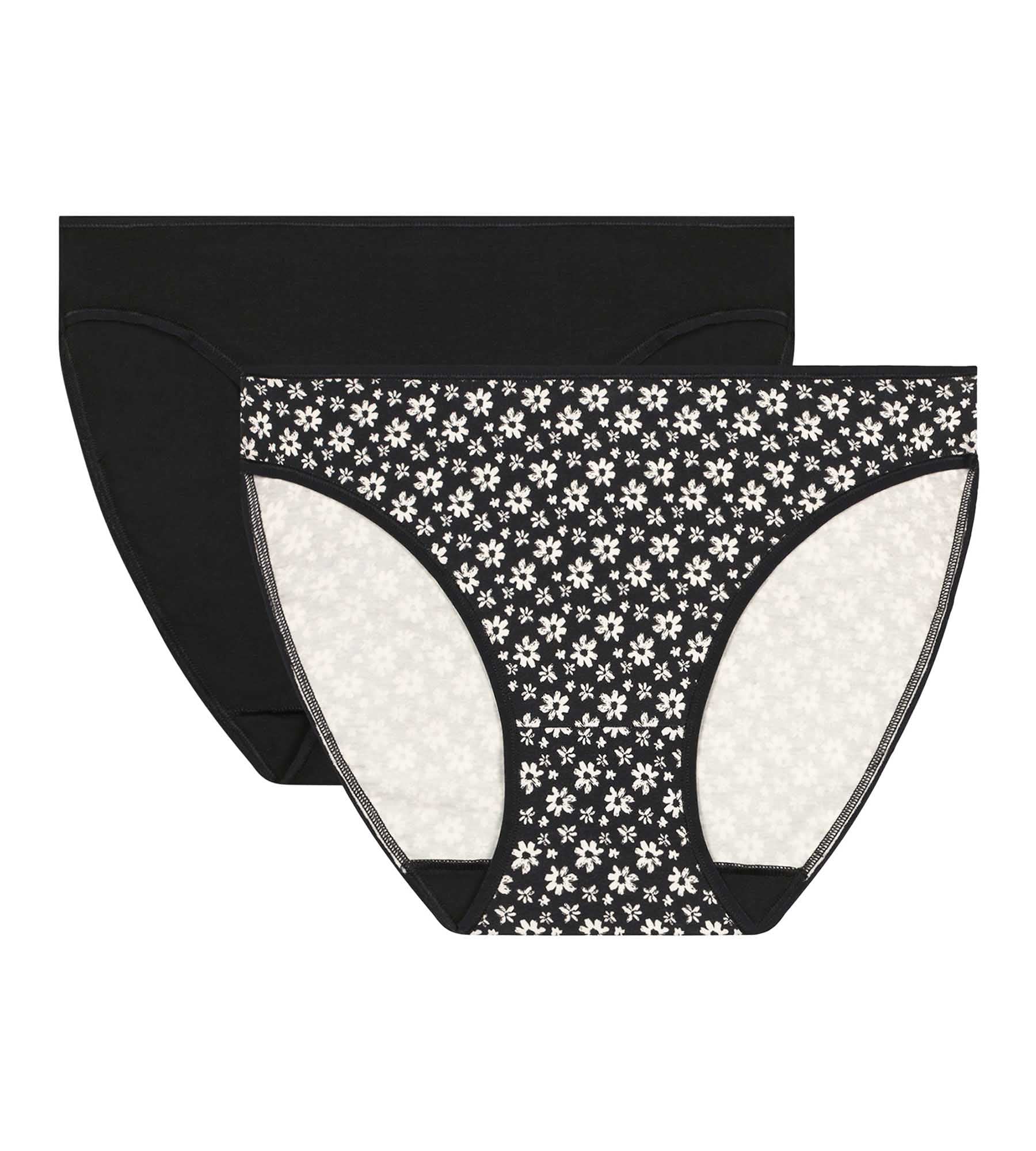 DIM Pack de 2 bragas de mujer con estampado floral en blanco y negro de algodón elástico Dim