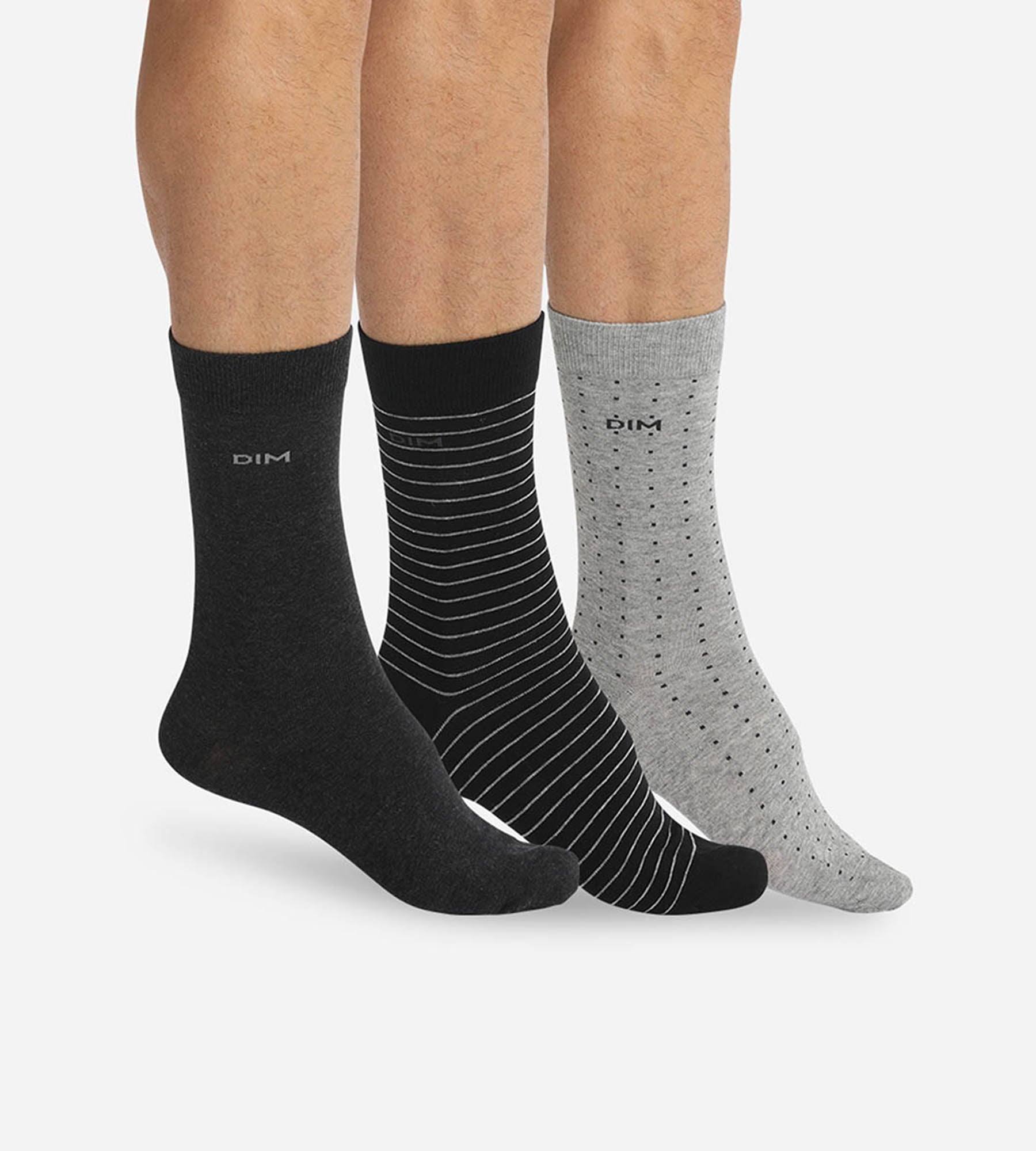 DIM Lote de 3 calcetines negros y antracita con lunares y rayas para hombre