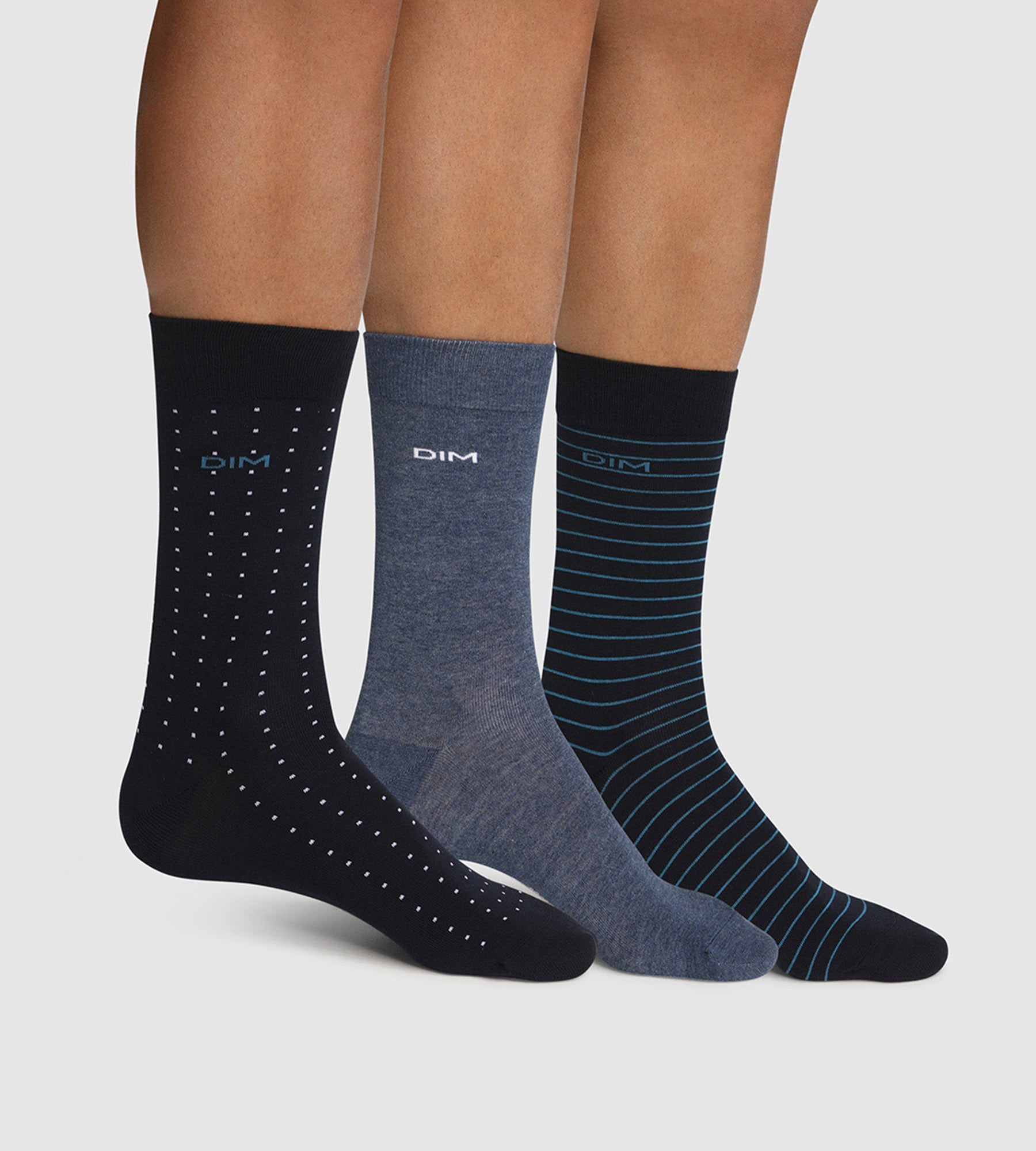 DIM Pack de 3 pares de calcetines de algodón para hombre de rayas y lunares azul Coton Style