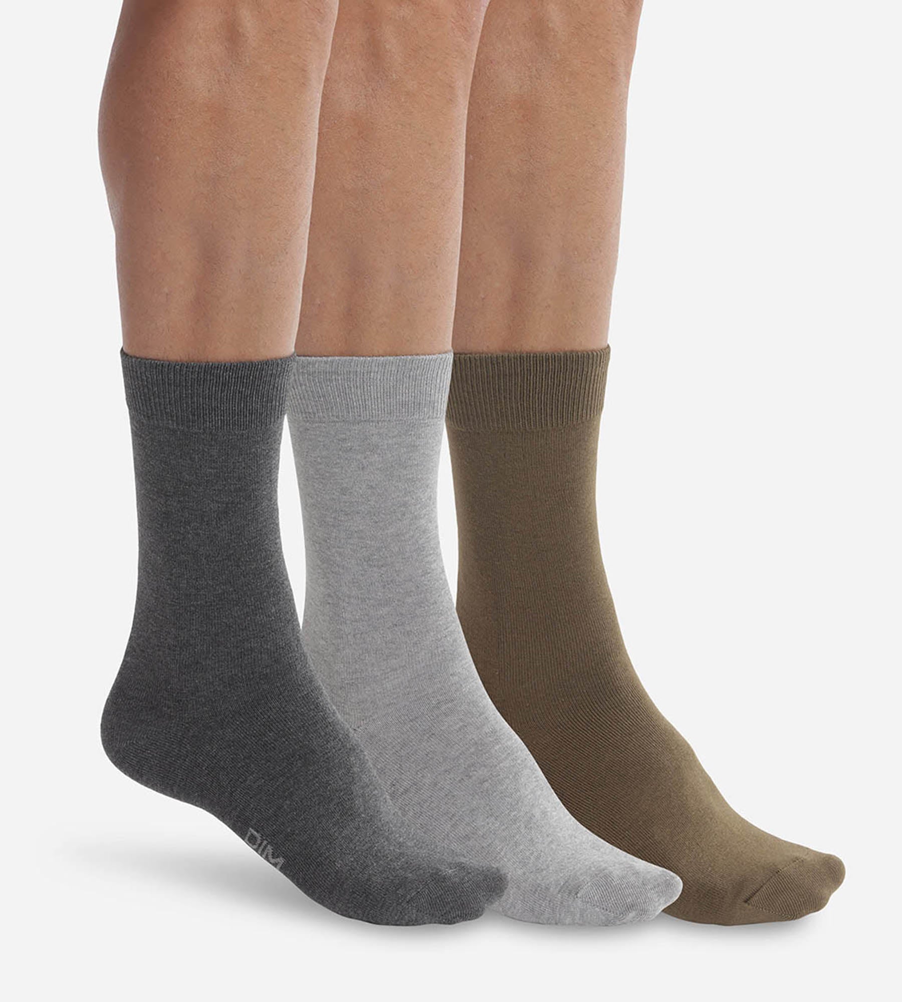 DIM Pack de 3 pares de calcetines de algodón para hombre gris y caqui Dim Basic Coton
