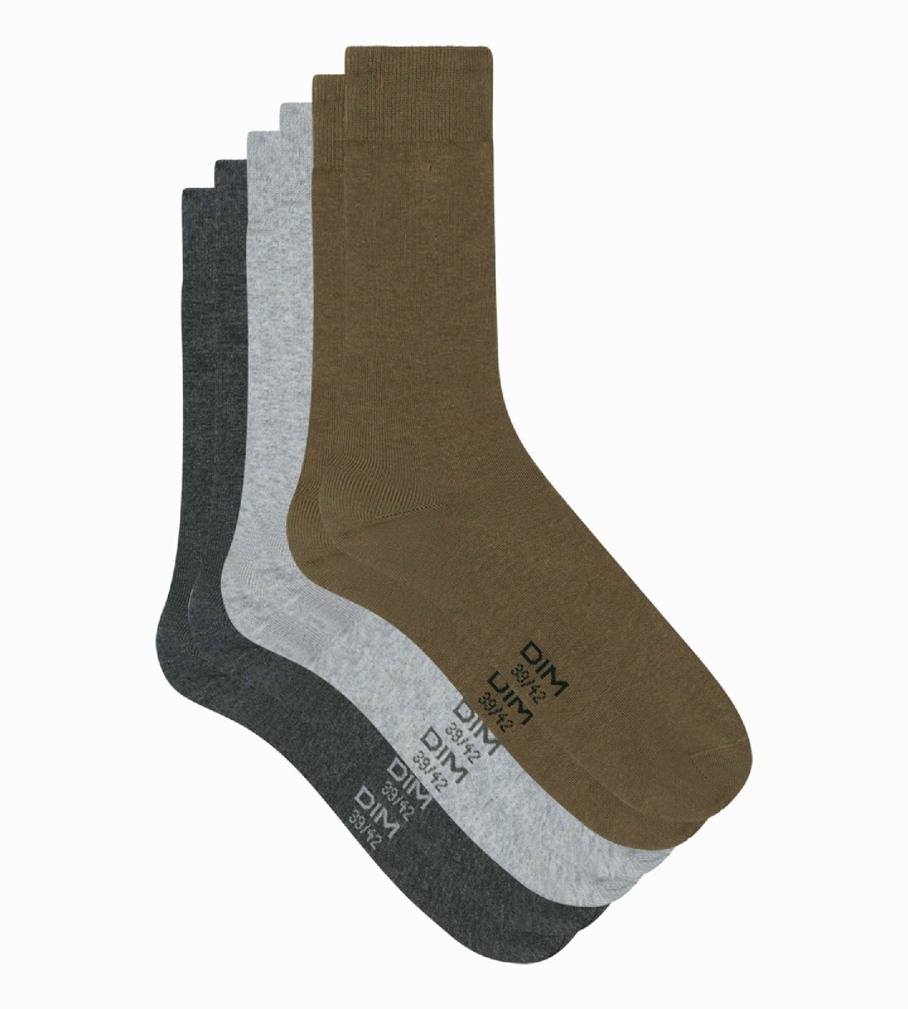 DIM Pack de 3 pares de calcetines de algodón para hombre gris y caqui Dim Basic Coton