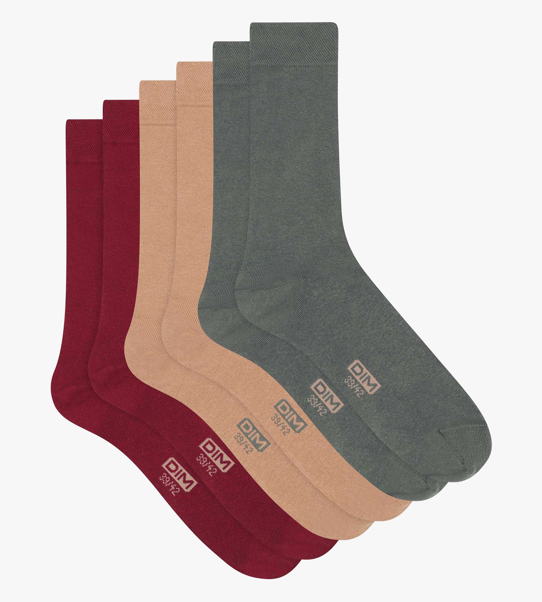 DIM Pack de 3 calcetines de hombre de algodón caqui rojo Dim
