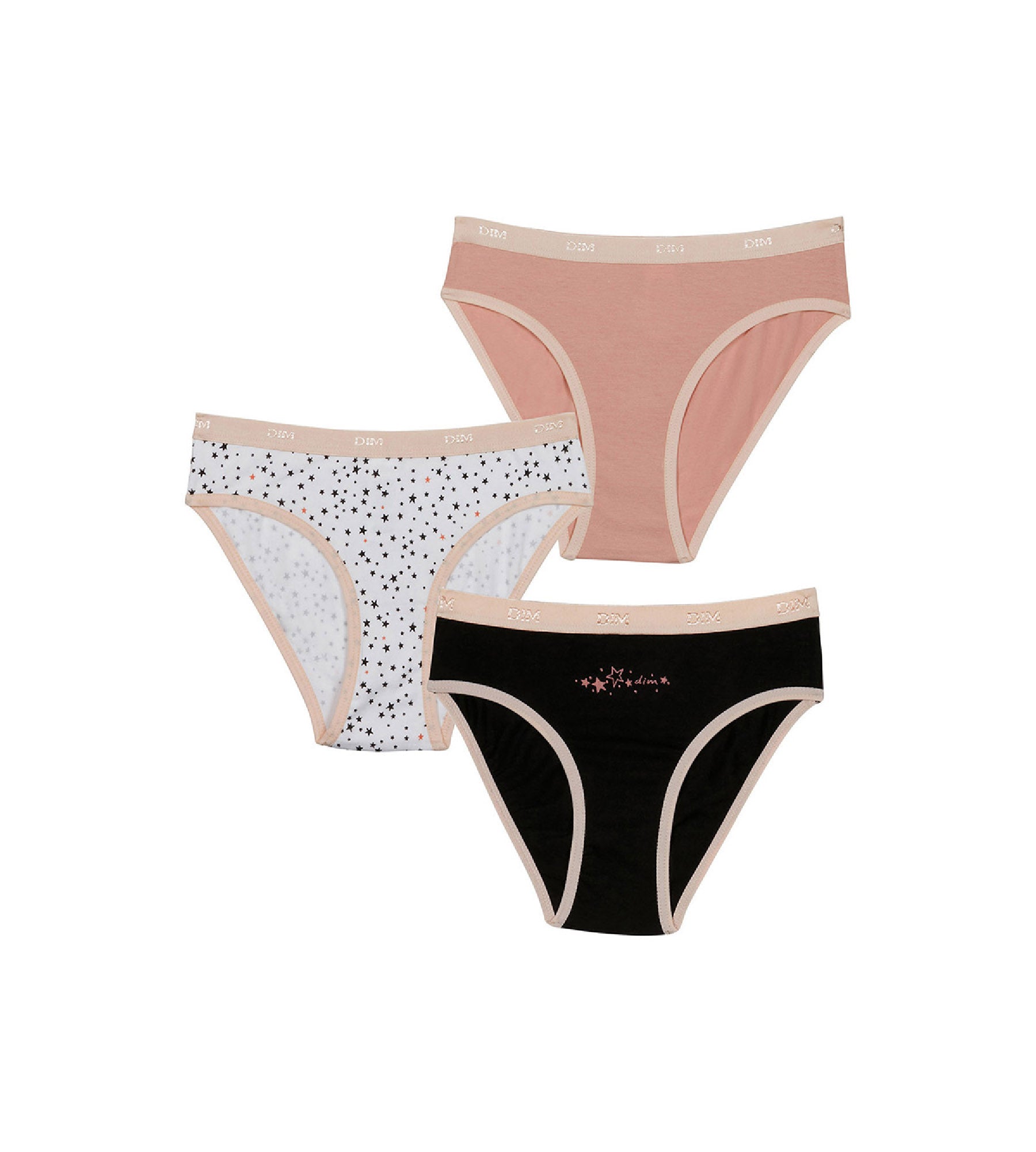 DIM Pack de 3 bragas tipo slip de niña en algodón stretch con estampado de estrellas Negro Rosa Les Pockets