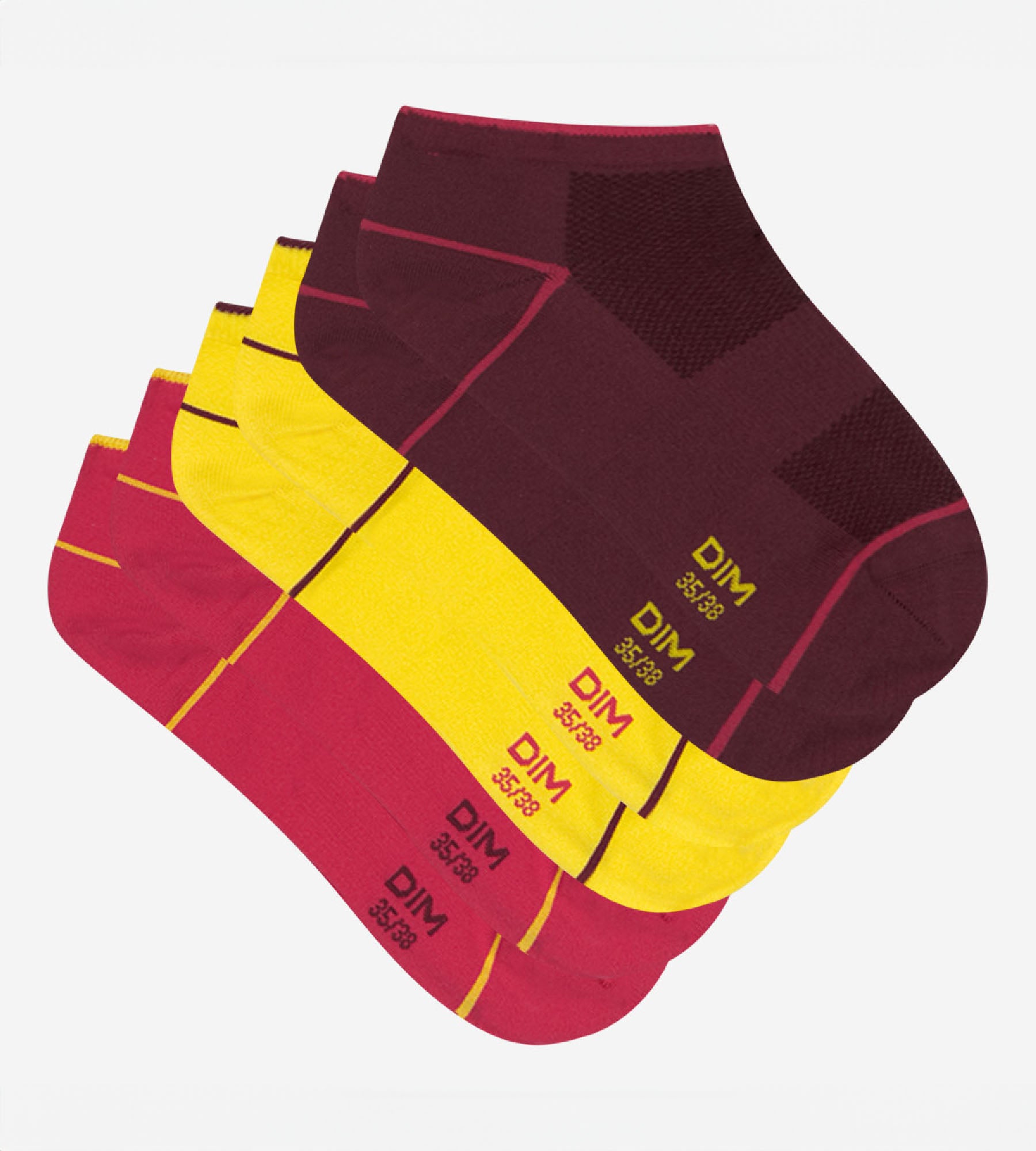 DIM Pack de 3 pares de calcetines tobilleros cortos de mujer para impacto ligero Burdeos Dim Sport