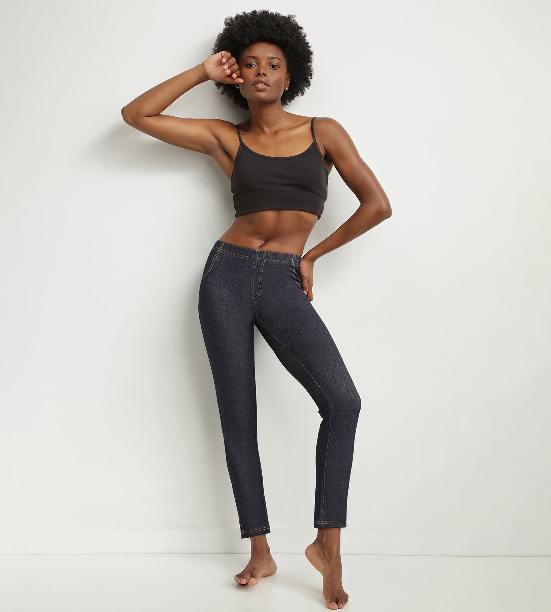 DIM Leggings de mujer efecto denim azul marino con bolsillos Dim Relax & Go