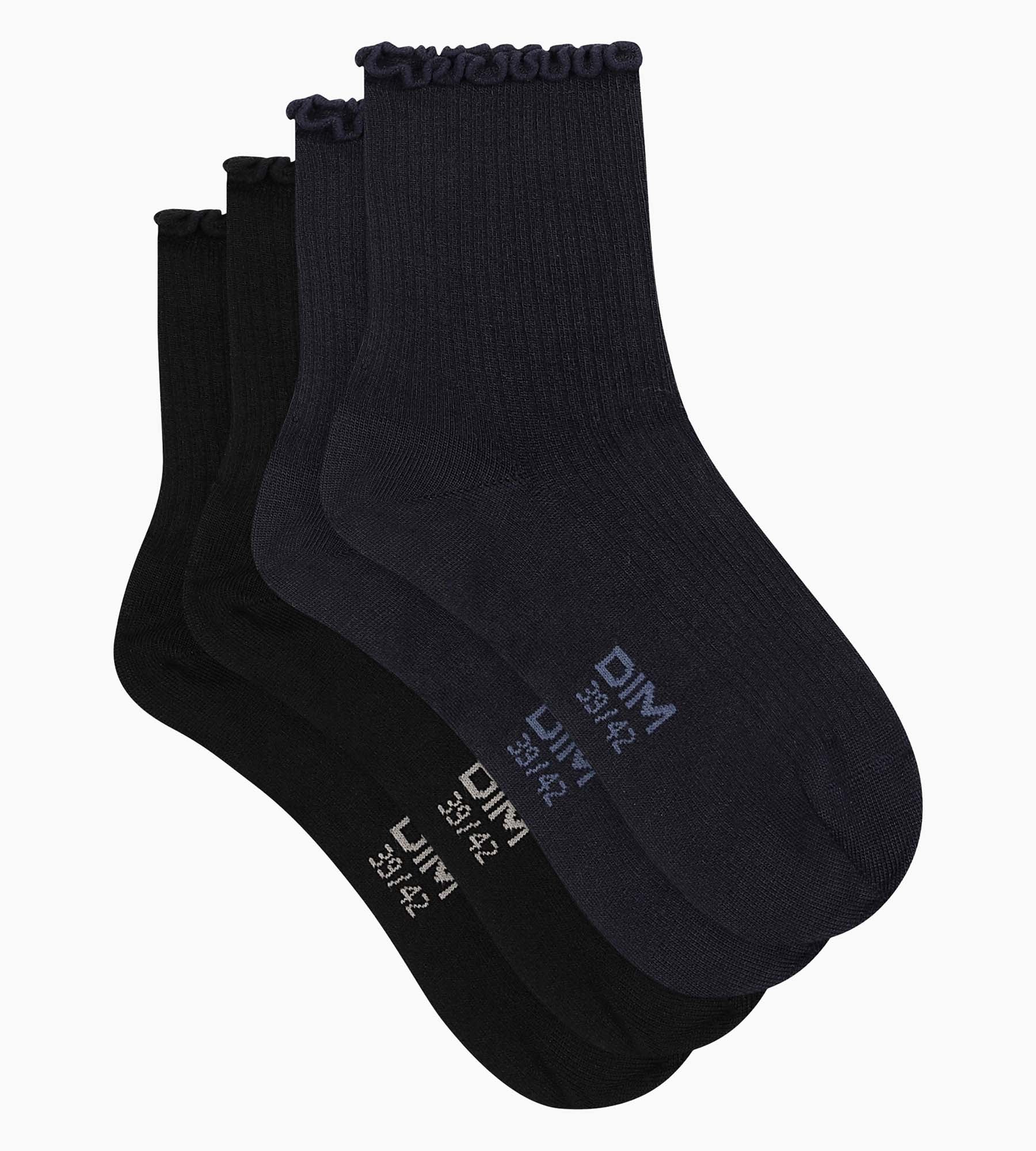 DIM Juego de 2 pares de calcetines de mujer con volantes Negro Azul Marino Dim Modal