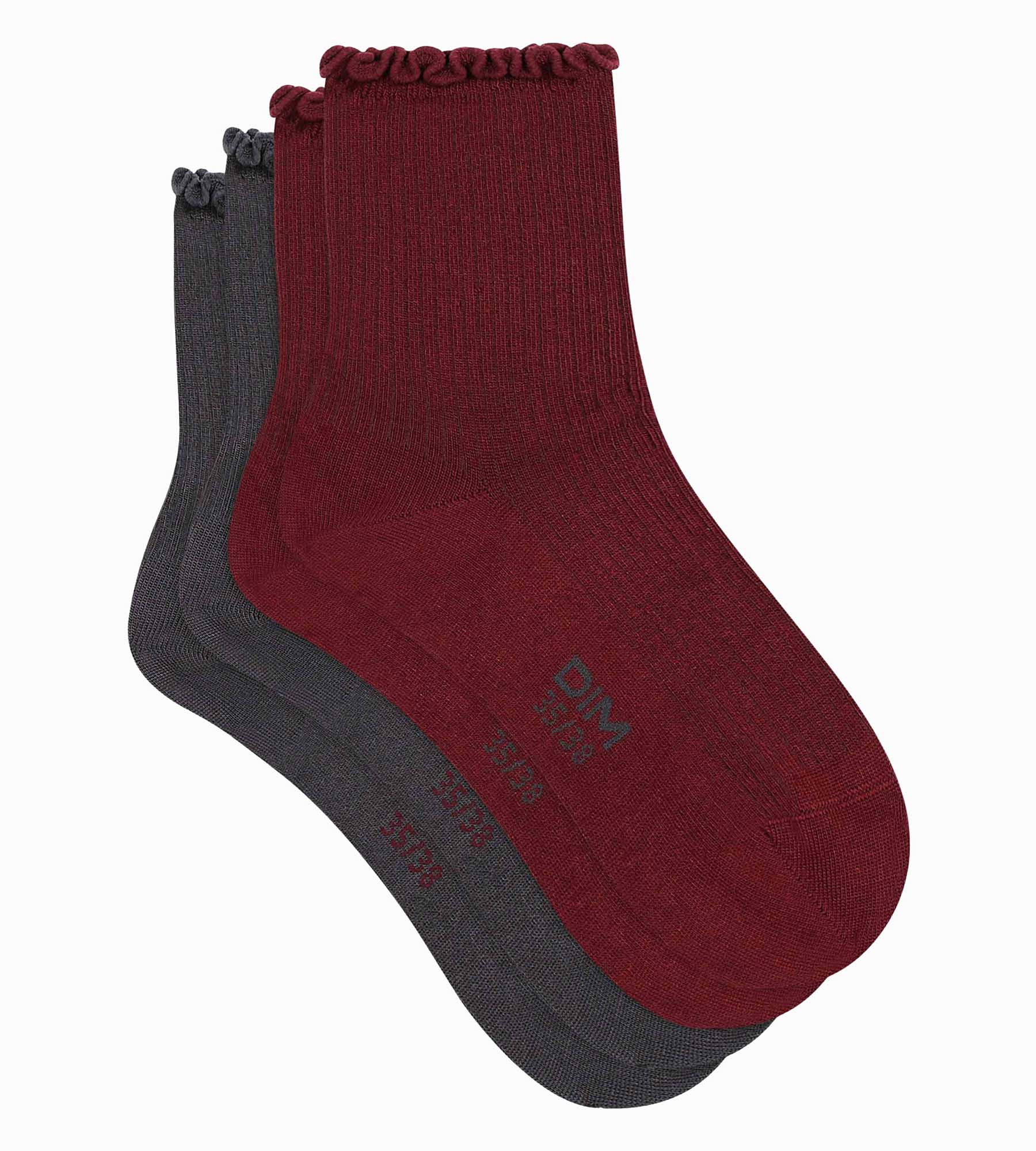 DIM Pack de 2 pares de calcetines de mujer con volantes gris y granate Dim Modal