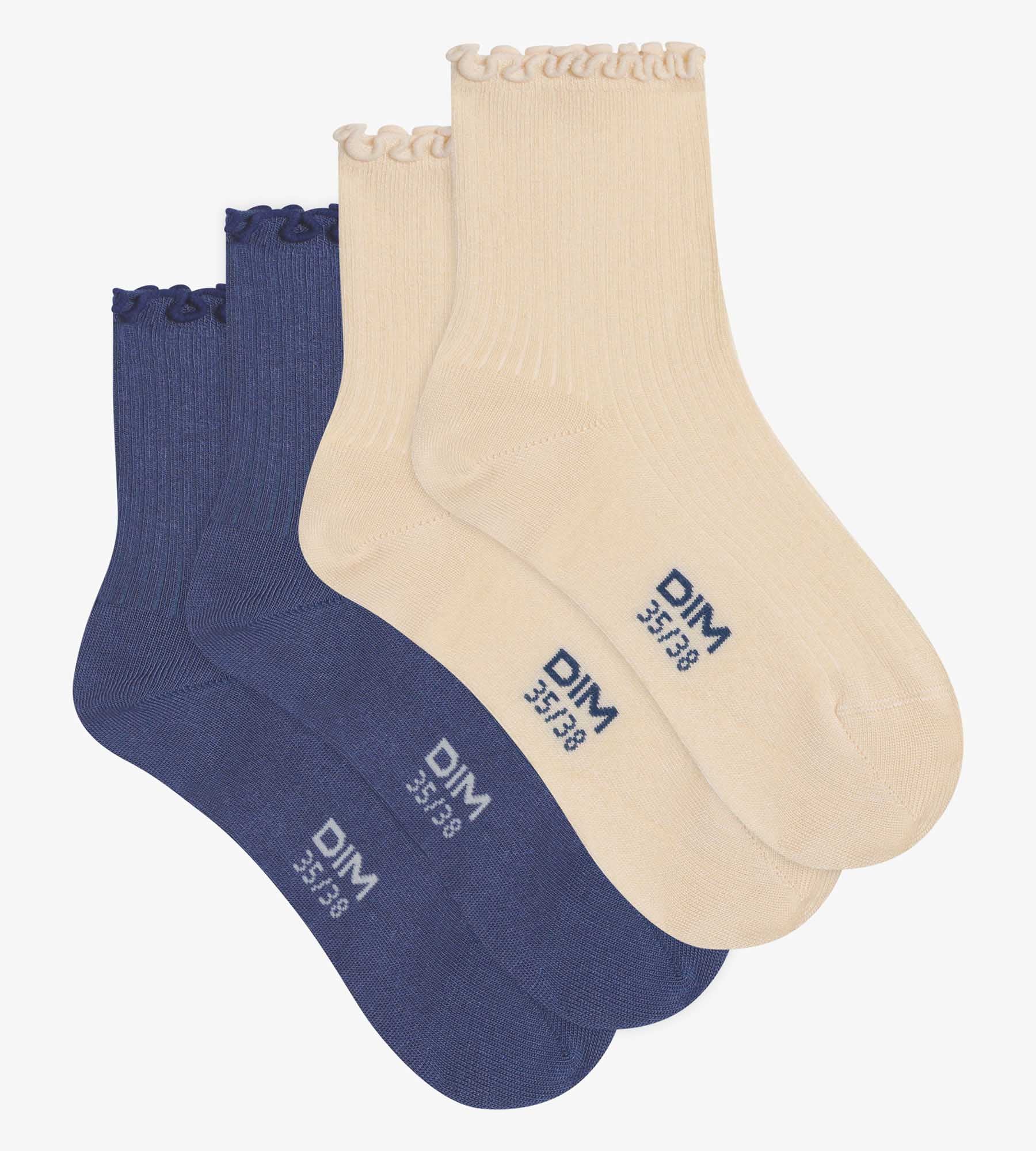 DIM Pack de 2 pares de calcetines de mujer con volantes Azul Crema Dim Modal