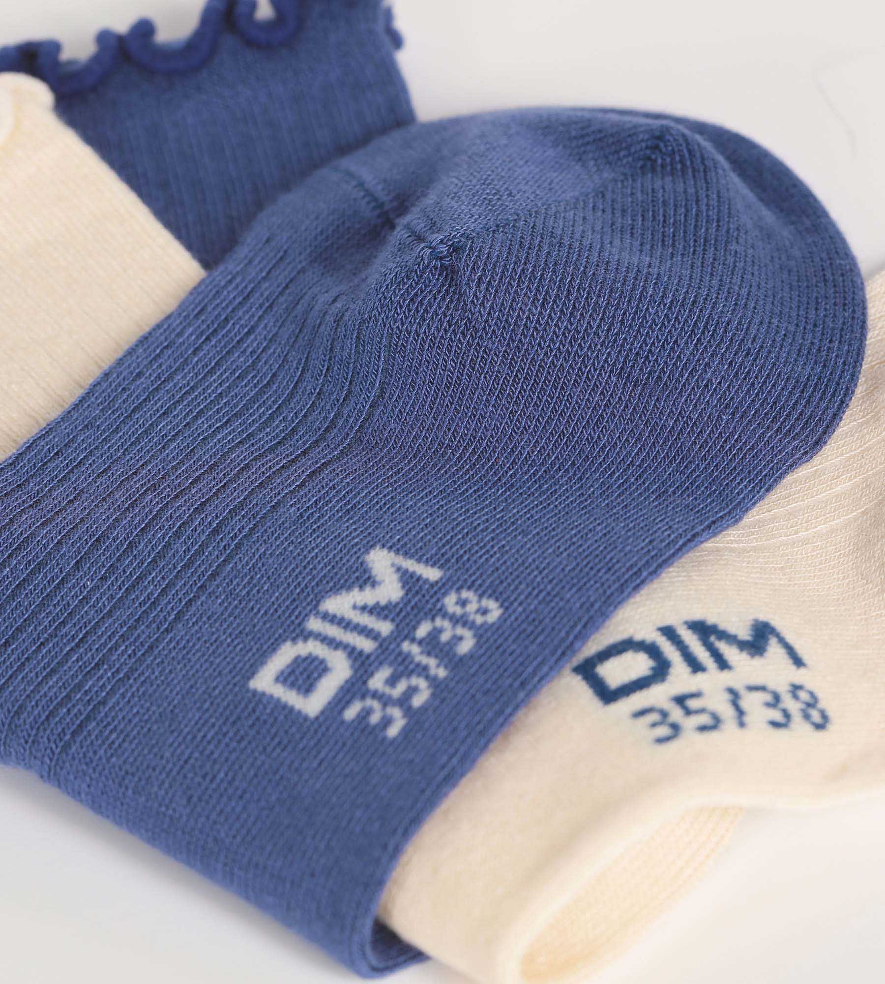 DIM Pack de 2 pares de calcetines de mujer con volantes Azul Crema Dim Modal