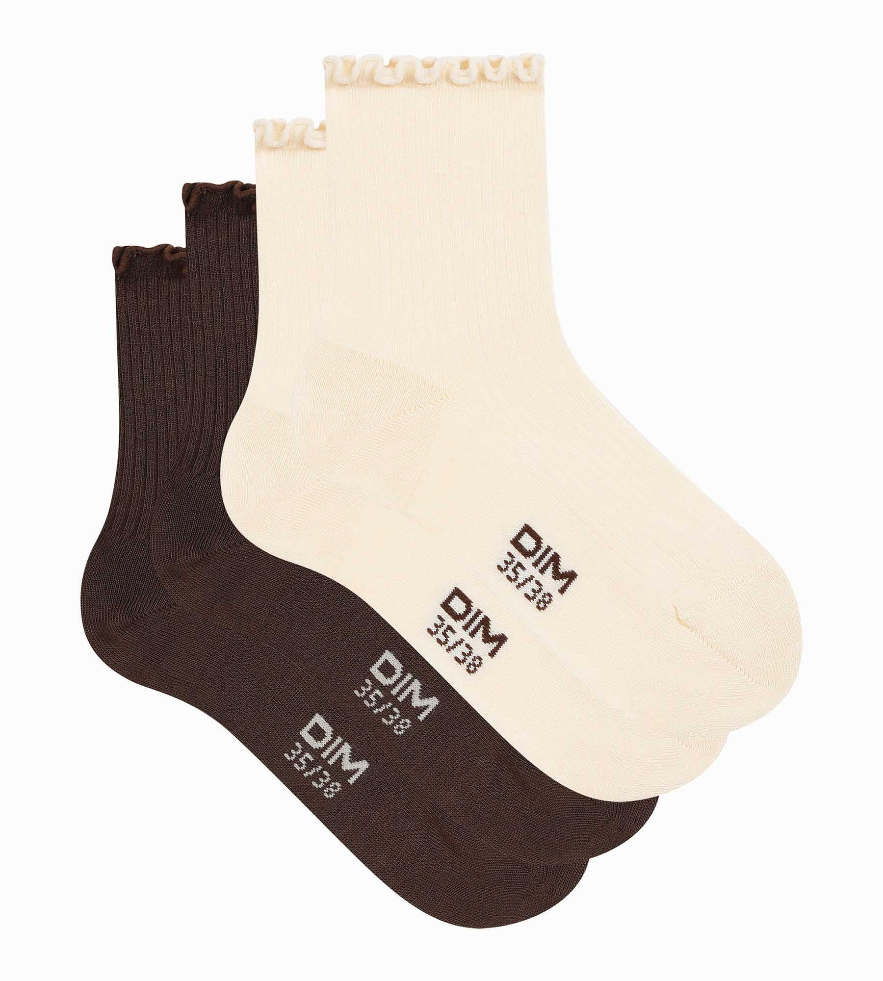 DIM Pack de 2 pares de calcetines beige de mujer con volante de Modal