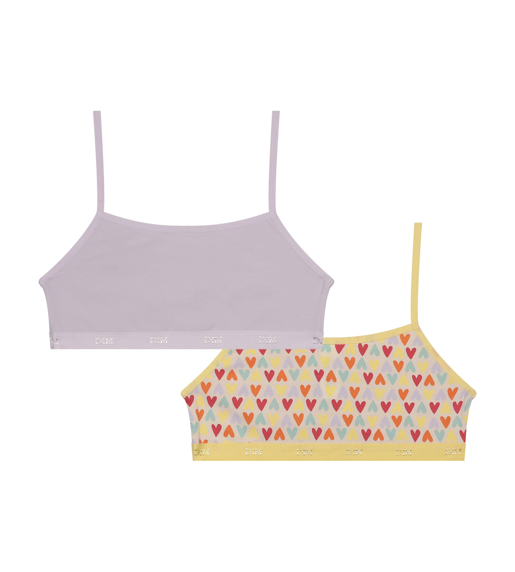 DIM Pack de 2 sujetadores de niña de algodón elástico Lila con estampado de corazones Les Pockets