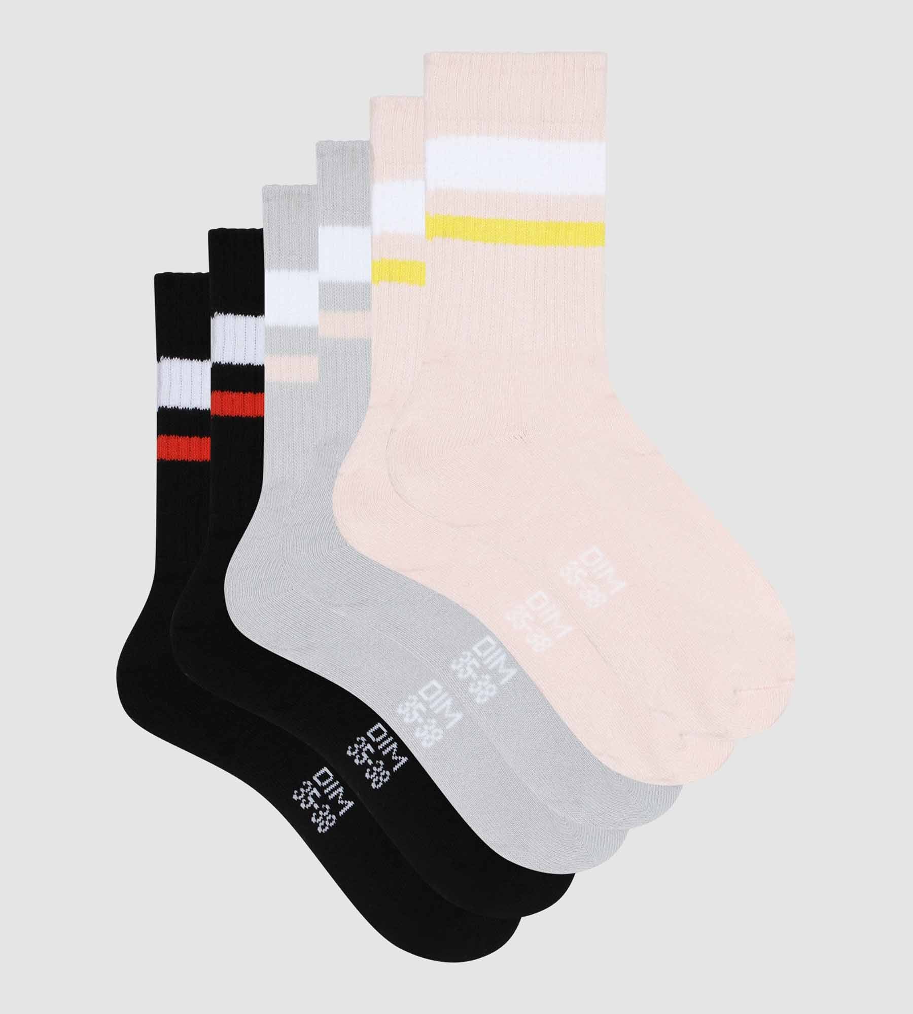 DIM Pack de 3 pares de calcetines de algodón para mujer Rosa, Gris y Negro EcoDim Sport