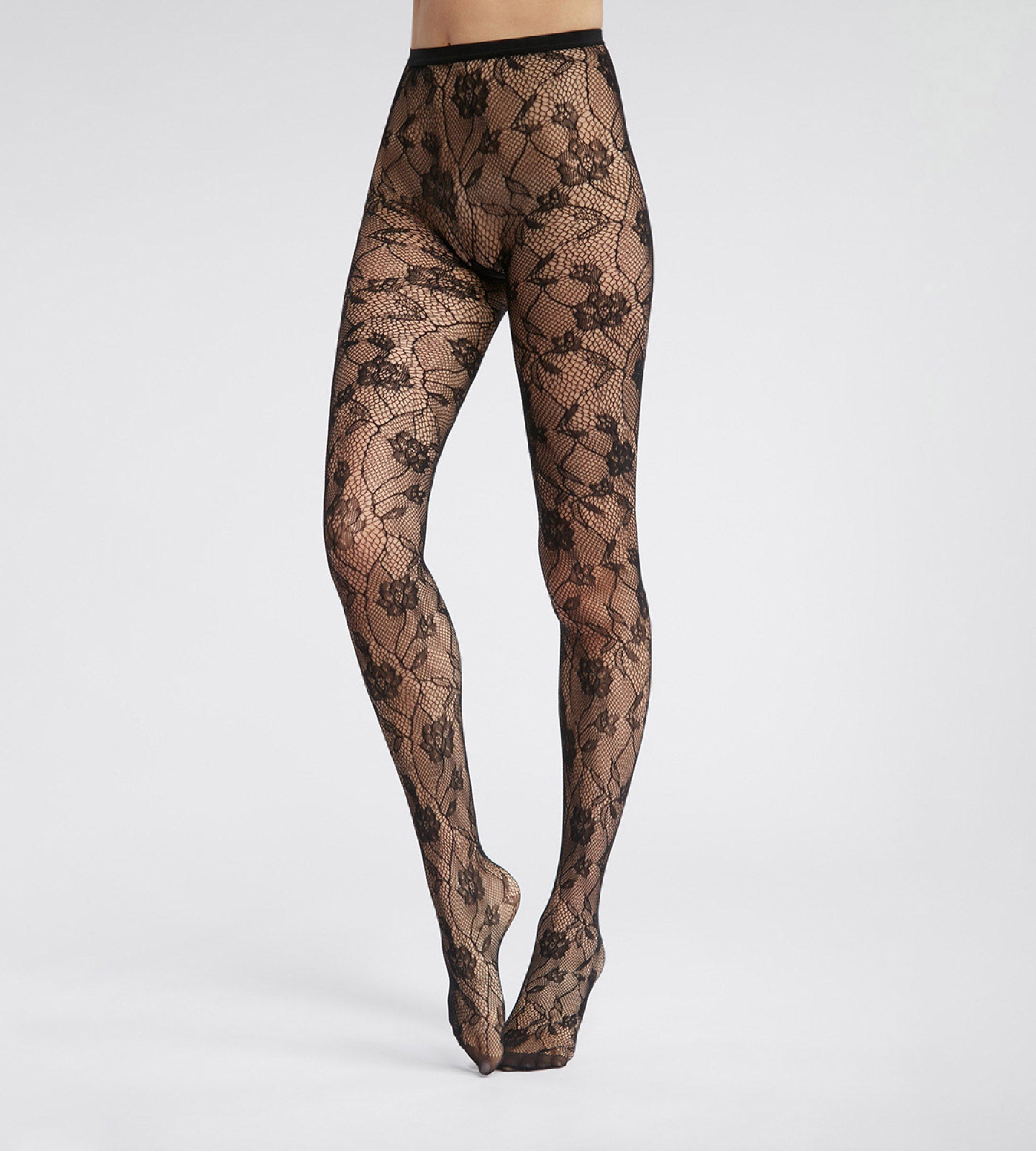 DIM Pantis de mujer en rejilla y encaje floral Negro Dim Style