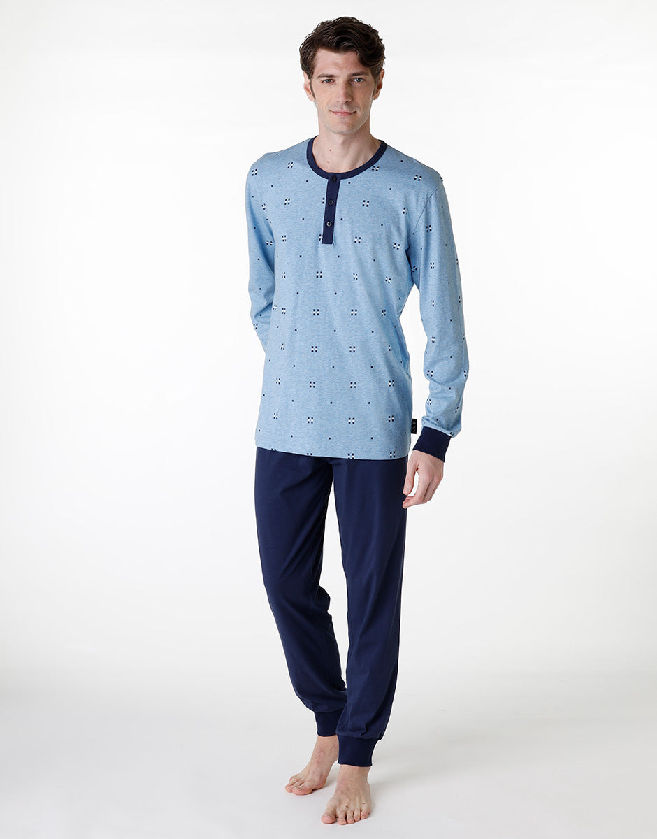 DIM Pijama largo tipo serafino en jersey azul jaspeado para hombre