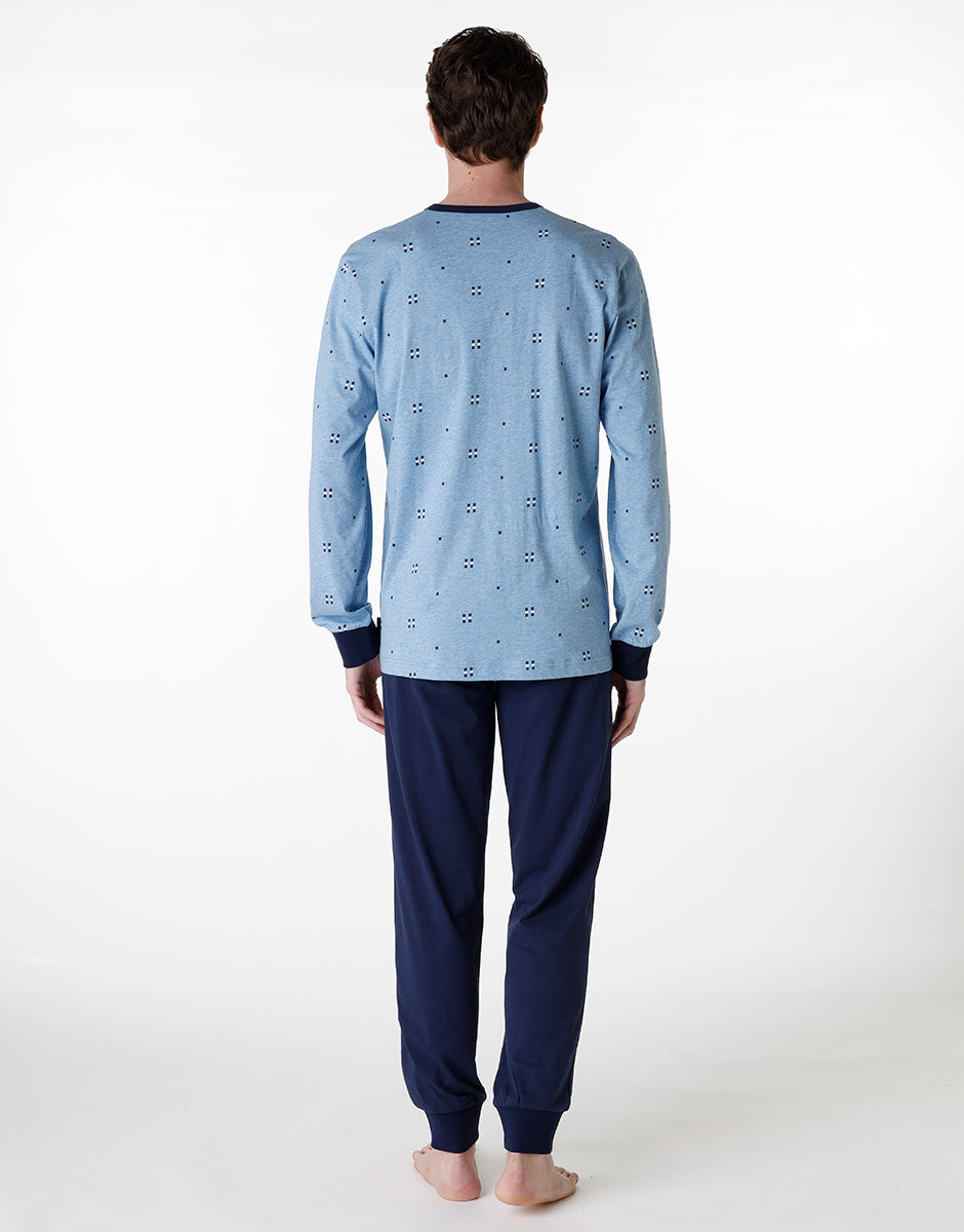 DIM Pijama largo tipo serafino en jersey azul jaspeado para hombre