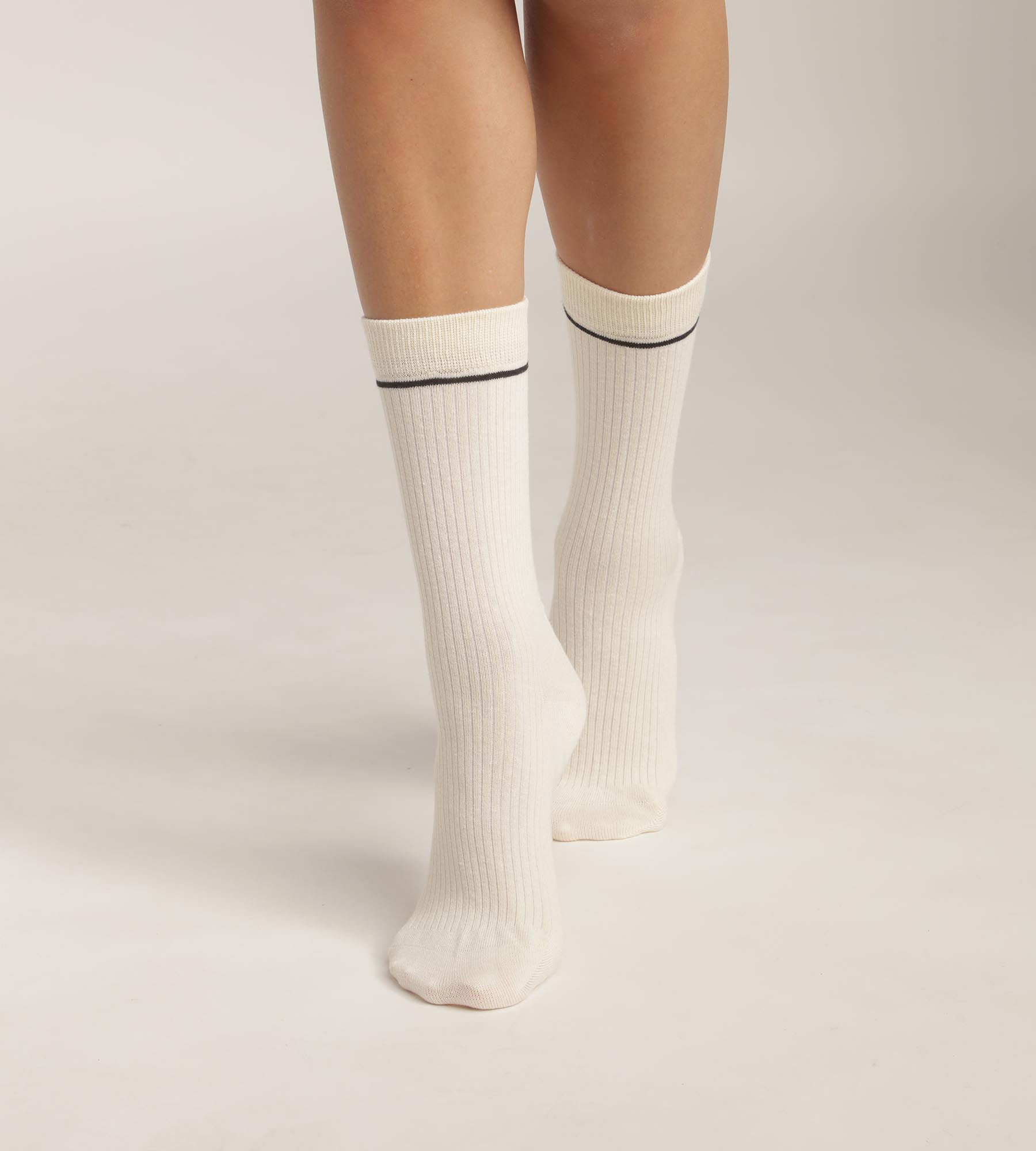 DIM Calcetines unisex de algodón acanalado Crema con línea negra Iconos Dim