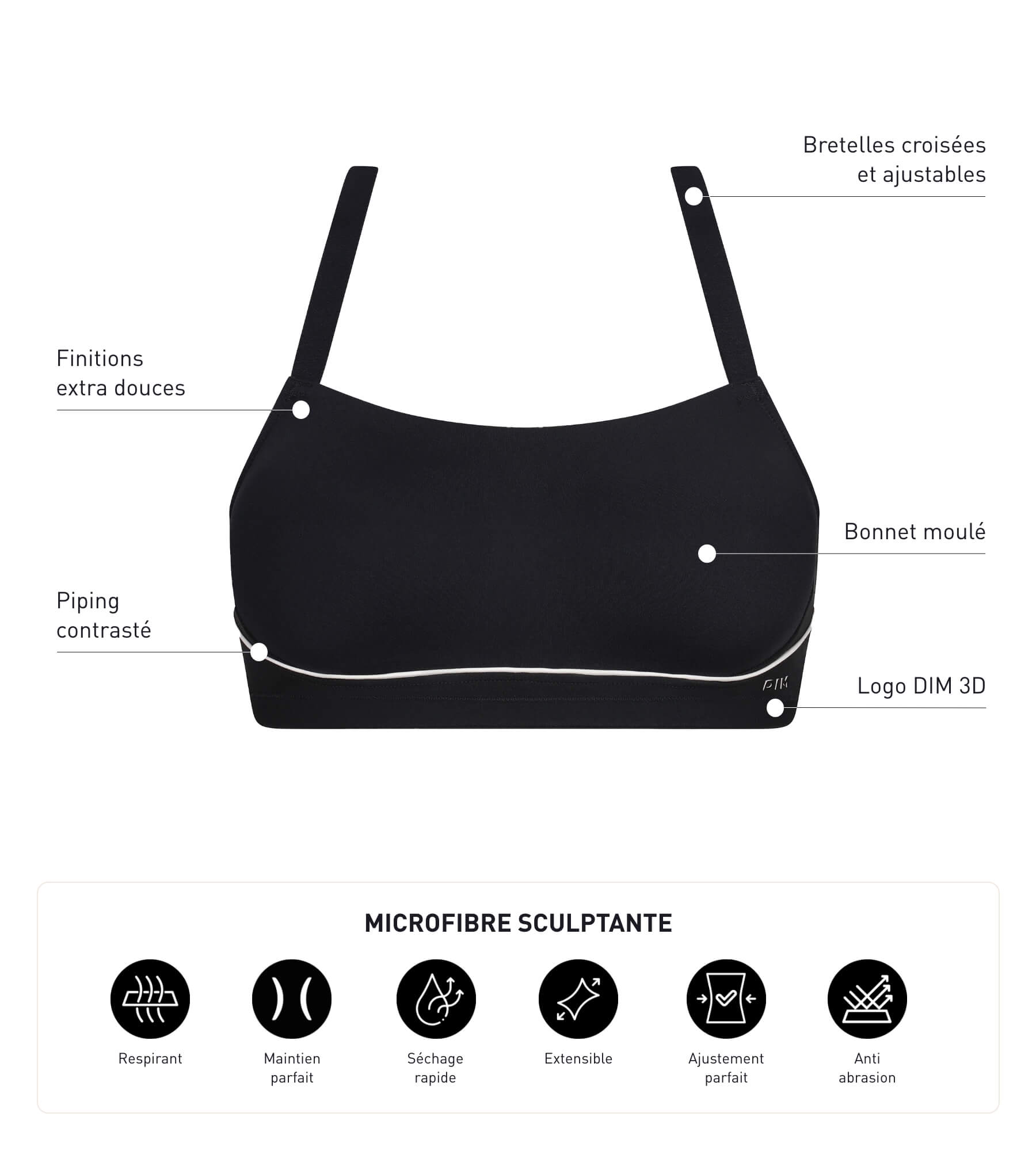 DIM Sujetador deportivo de microfibra moldeadora negro Dim Move
