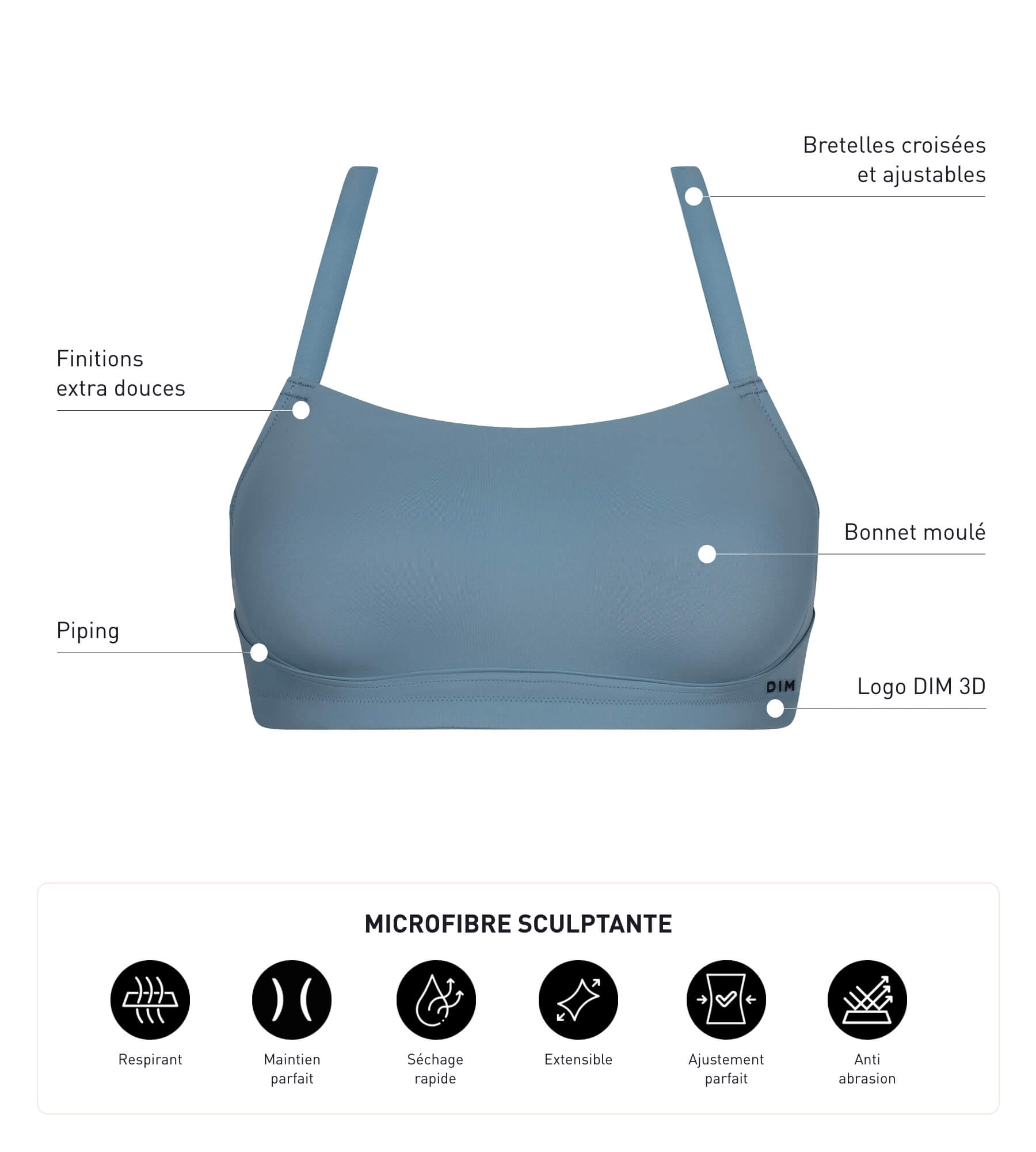 DIM Sujetador deportivo de microfibra moldeadora azul denim Dim Move