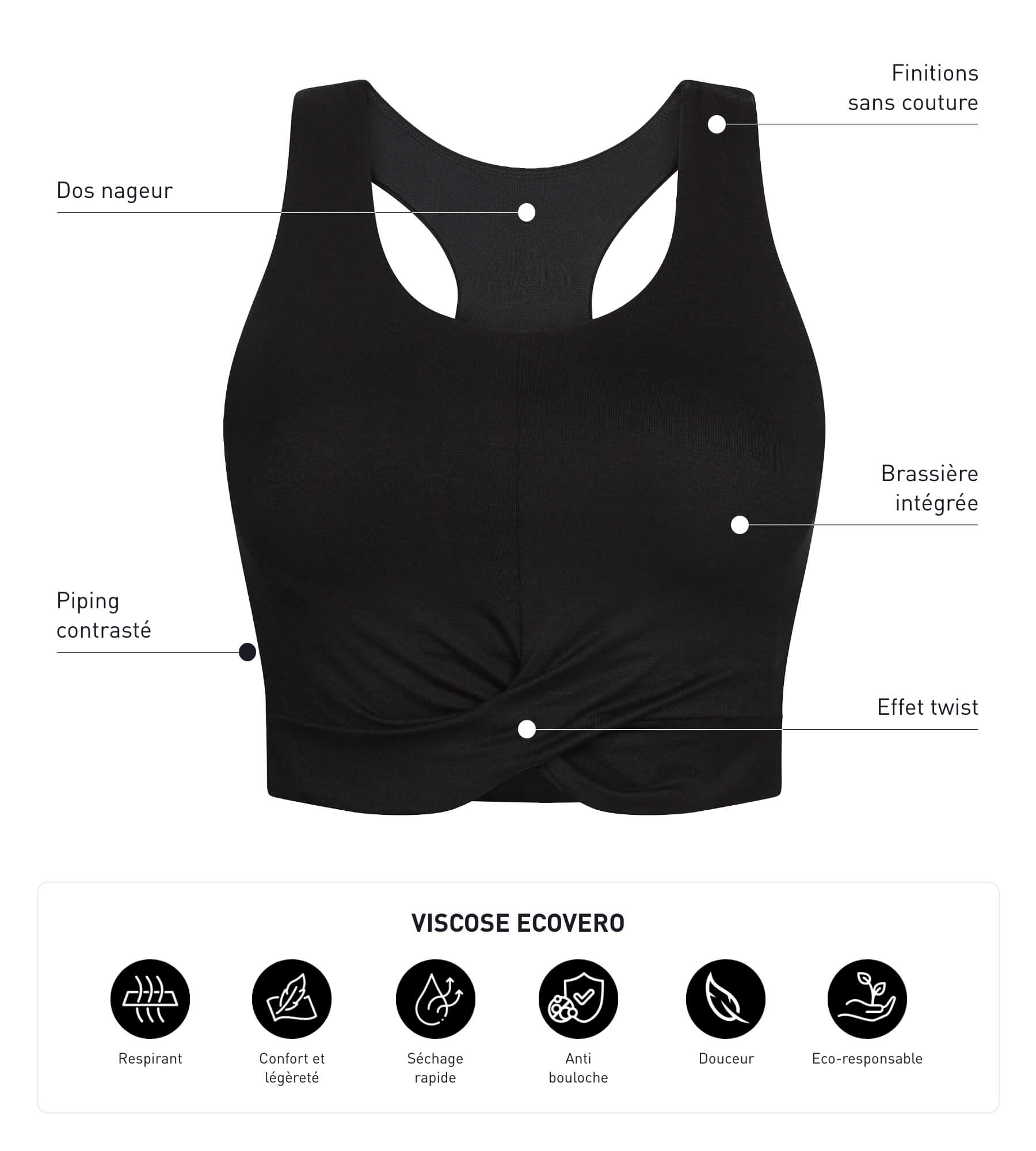 DIM Crop top de mujer en viscosa negra con bralette Dim Move
