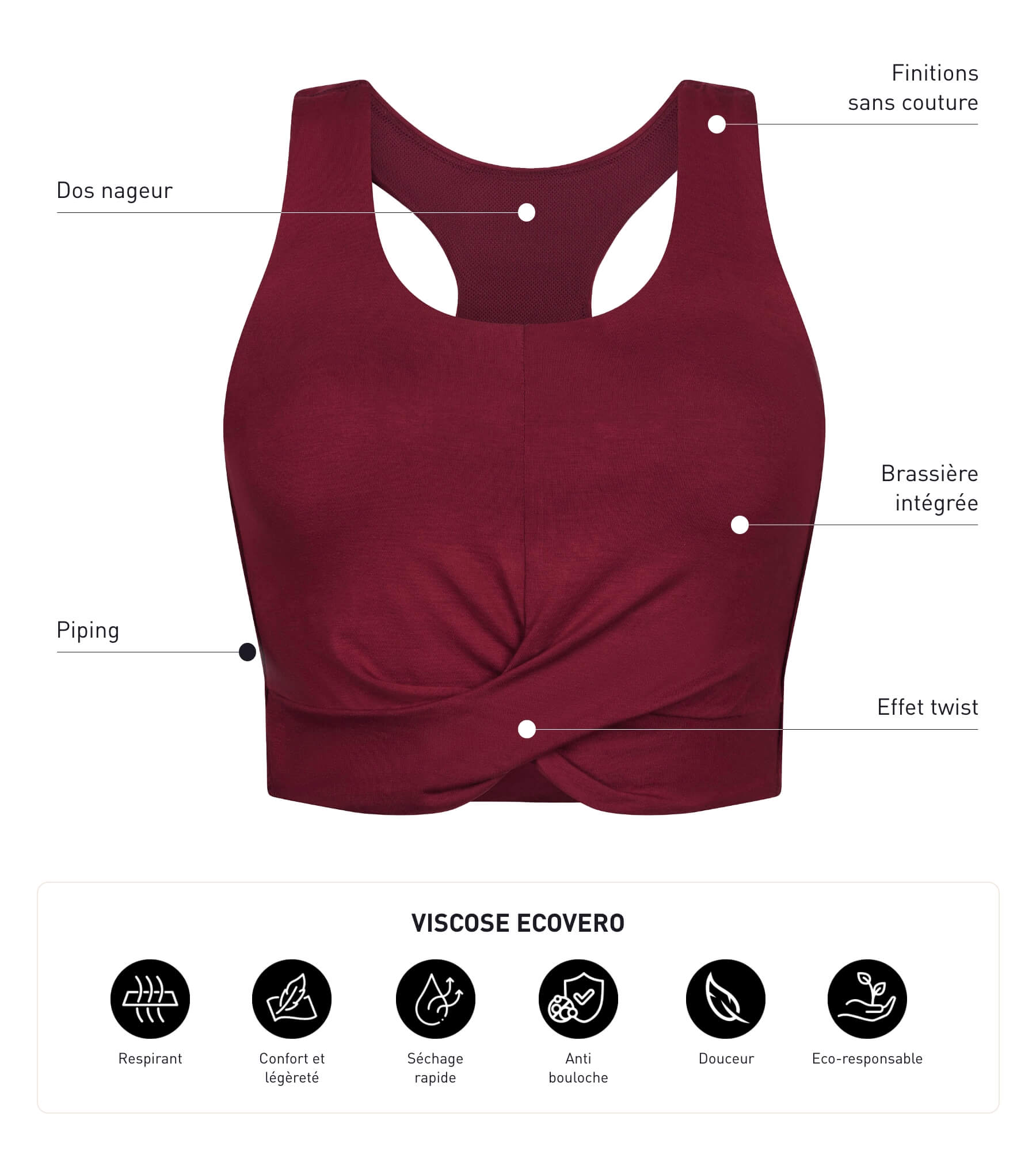 DIM Crop top deportivo con sujetador integrado en viscosa burdeos Dim Move
