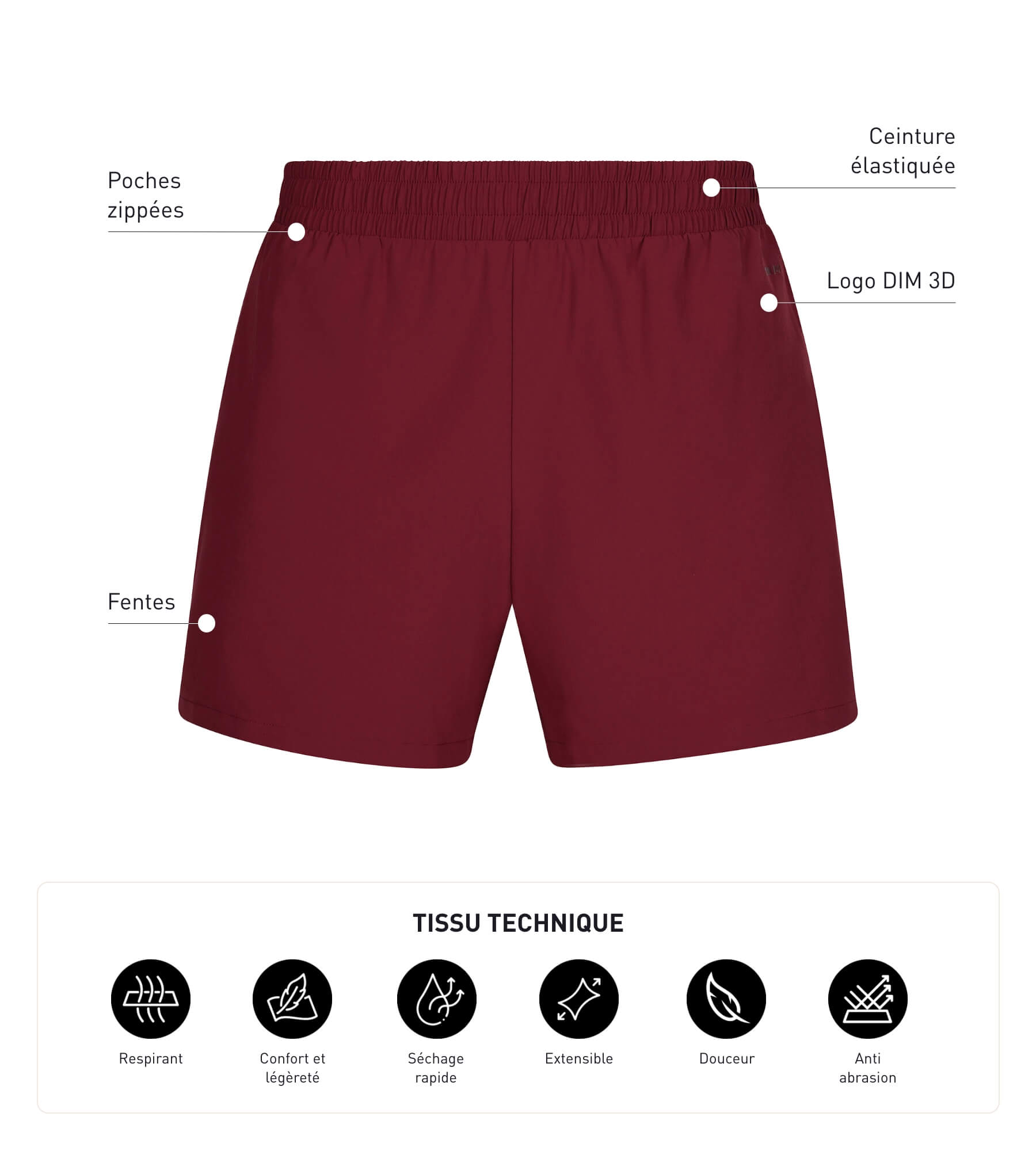 DIM Pantalón corto deportivo de hombre en tejido vaporoso burdeos Dim Move