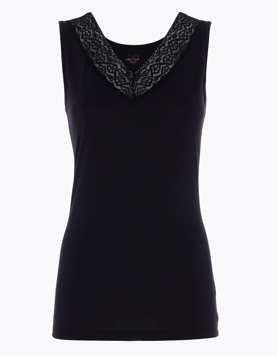 DIM Camiseta de mujer negra para el frío y suave en viscosa con tirantes anchos y encaje