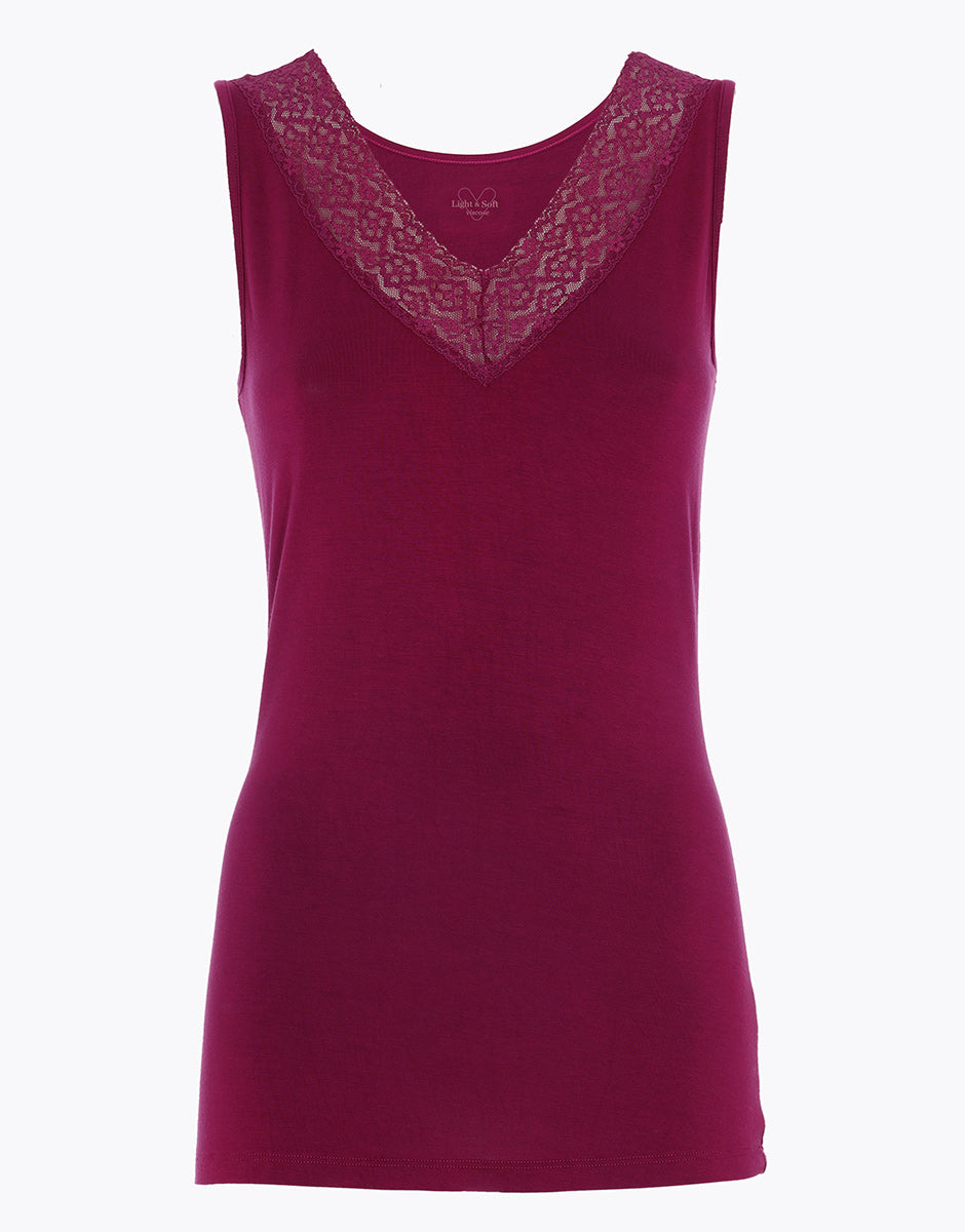 DIM Camiseta burdeos de mujer para el frío y suave en viscosa con tirantes anchos y encaje