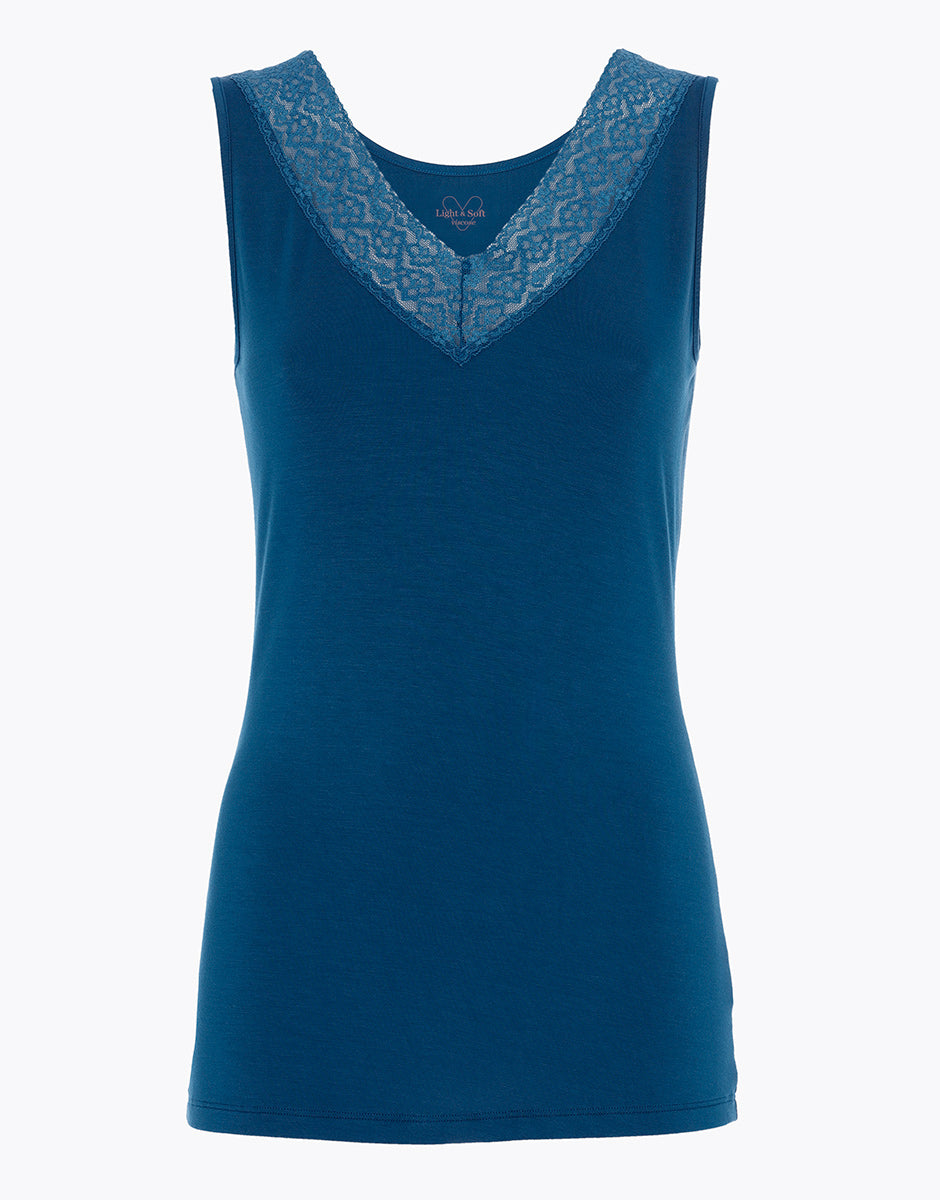 DIM Camiseta azul océano de mujer para el frío y suave en viscosa con tirantes anchos y encaje