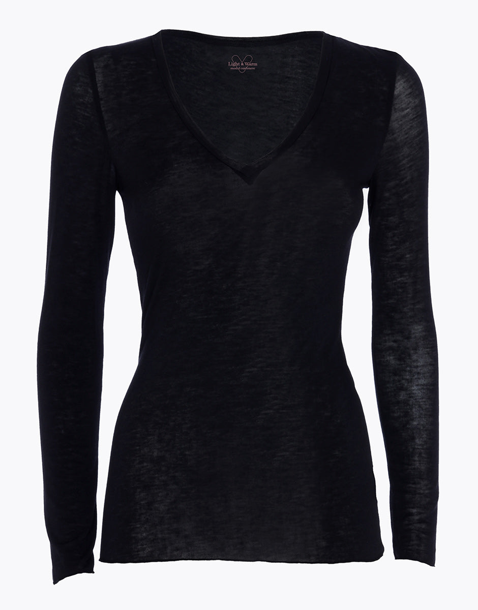 DIM Jersey de manga larga y cuello en V de modal y cashmere, negro