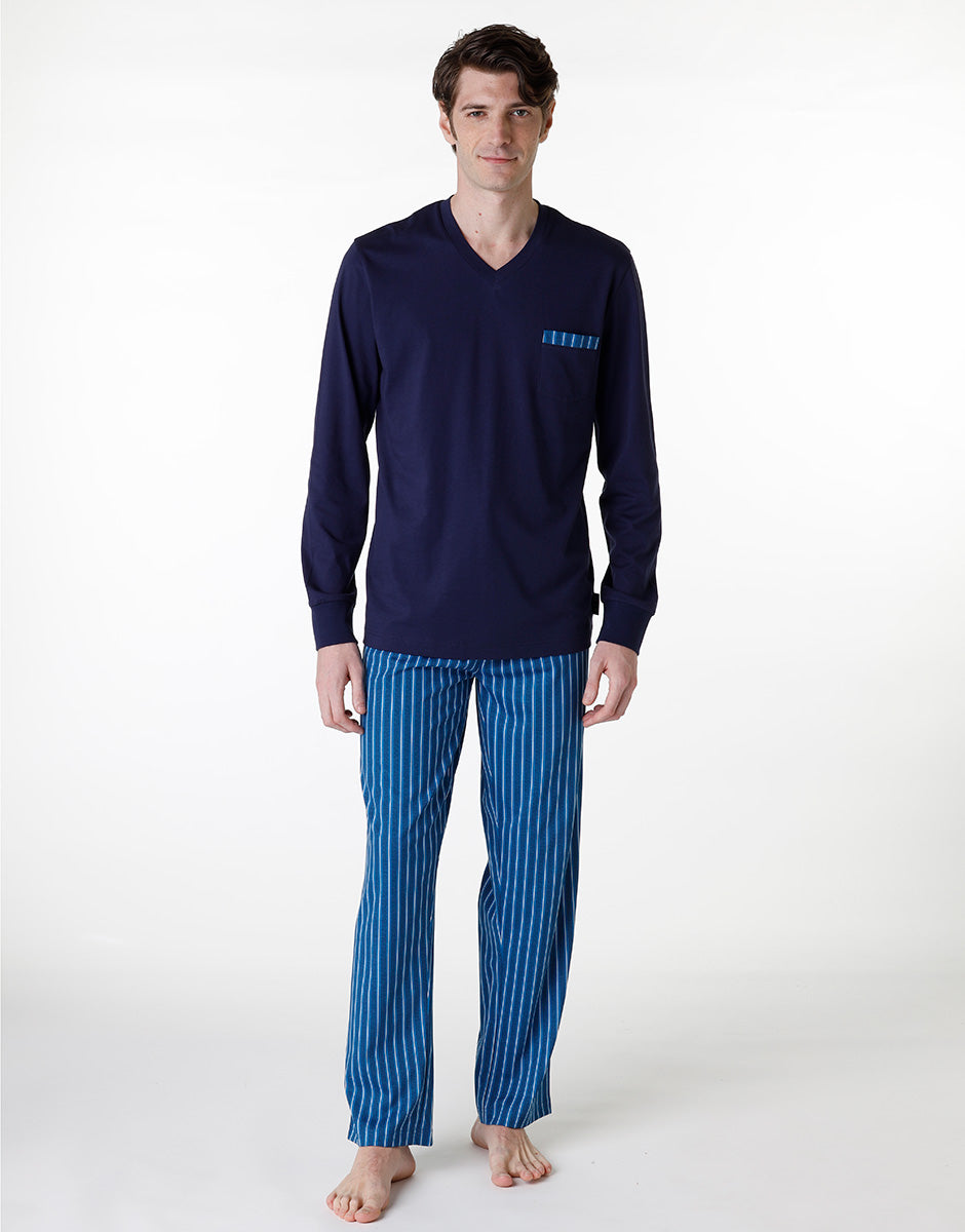 DIM Pijama largo con cuello en V en jersey azul marino para hombre