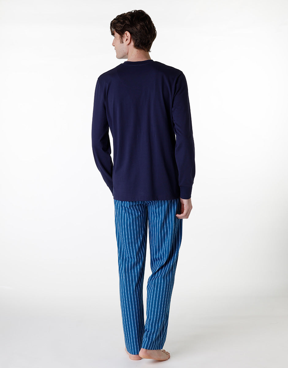 DIM Pijama largo con cuello en V en jersey azul marino para hombre