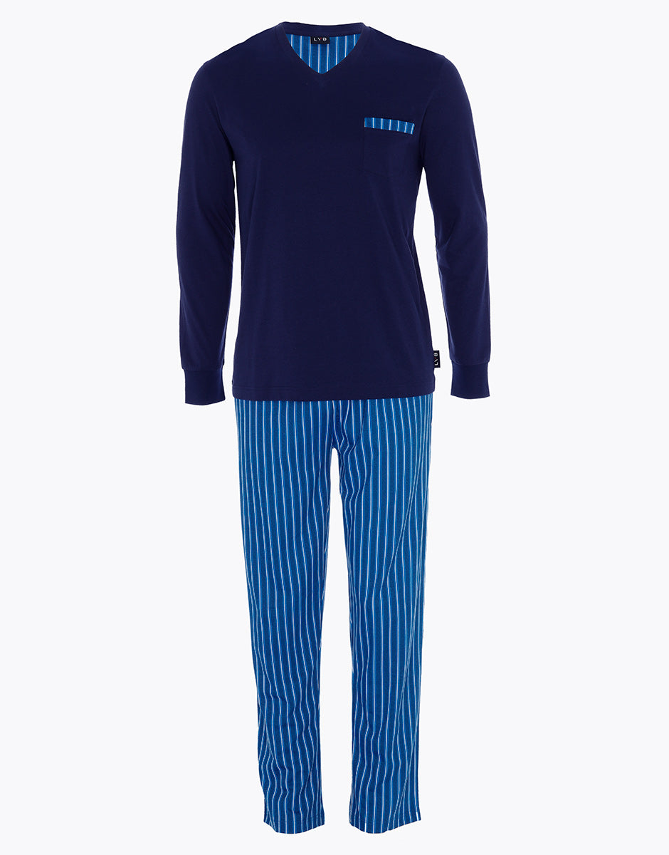 DIM Pijama largo con cuello en V en jersey azul marino para hombre