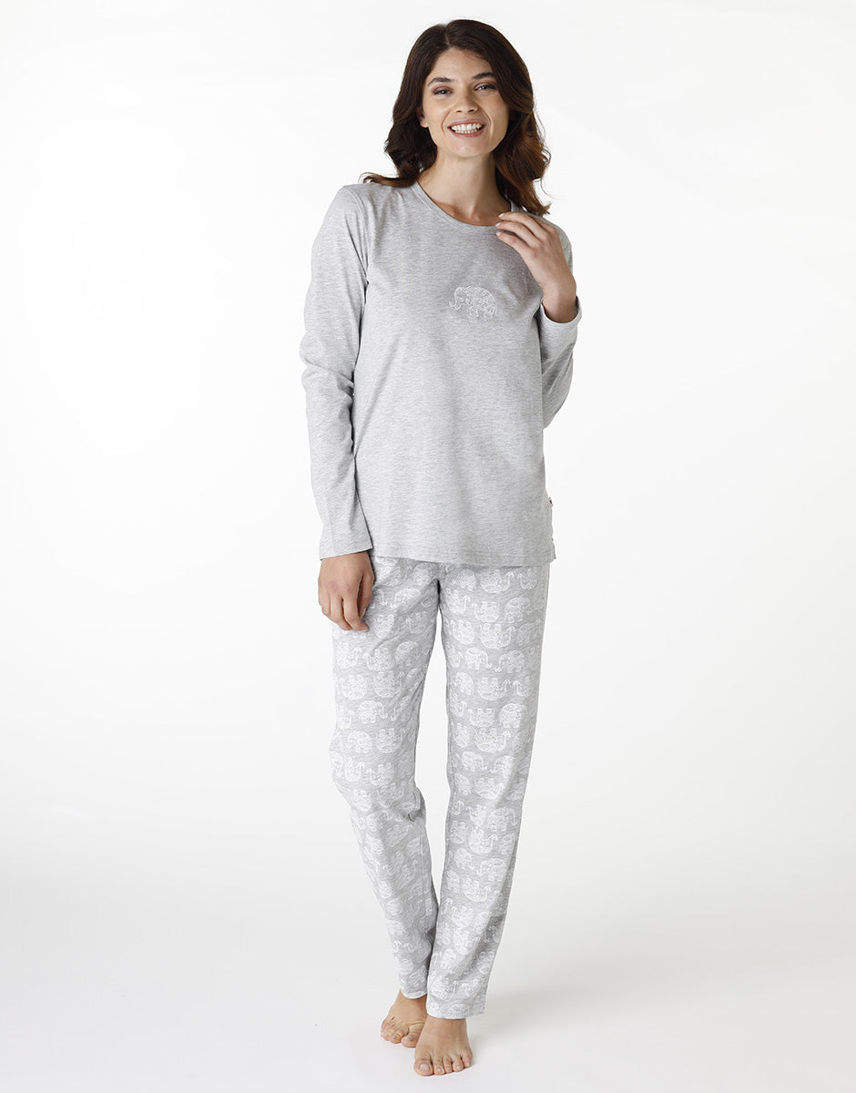 DIM Pijama largo de cuello redondo en jersey gris jaspeado para mujer