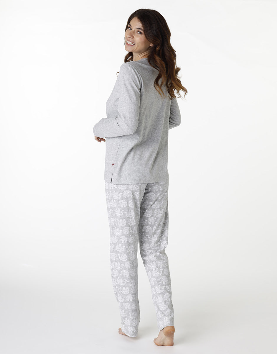 DIM Pijama largo de cuello redondo en jersey gris jaspeado para mujer