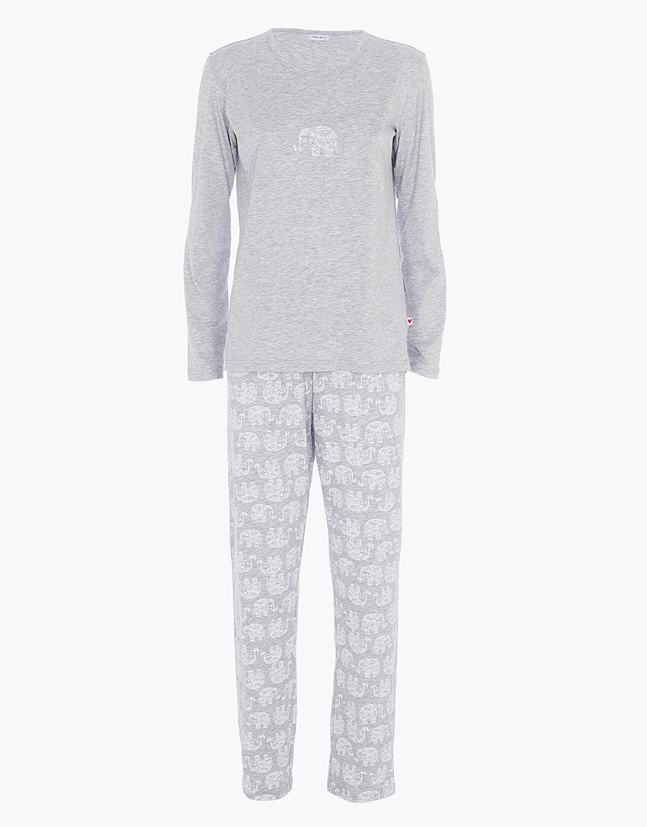 DIM Pijama largo de cuello redondo en jersey gris jaspeado para mujer