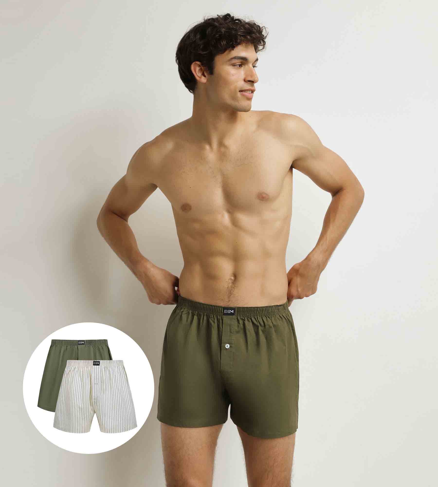 DIM Pack de 2 calzoncillos bóxer para hombre de algodón elástico verde a rayas beige