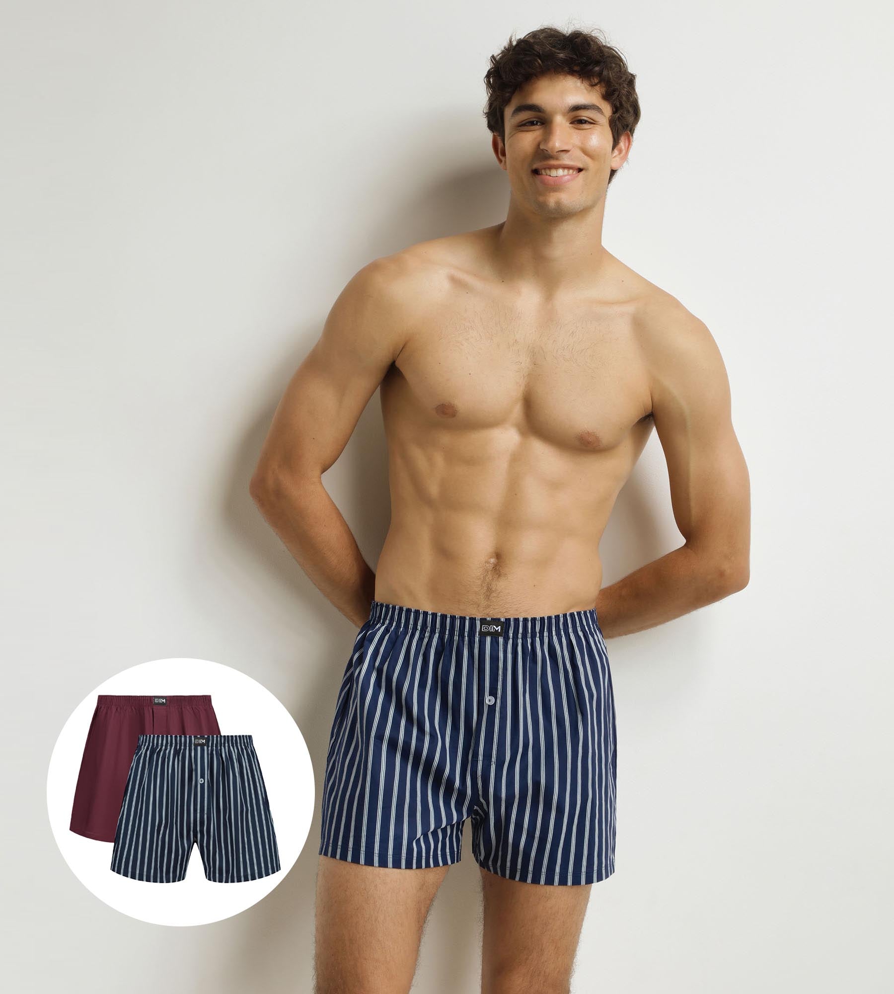 DIM Pack de 2 calzoncillos bóxer de algodón elástico de rayas azules y rojas para hombre