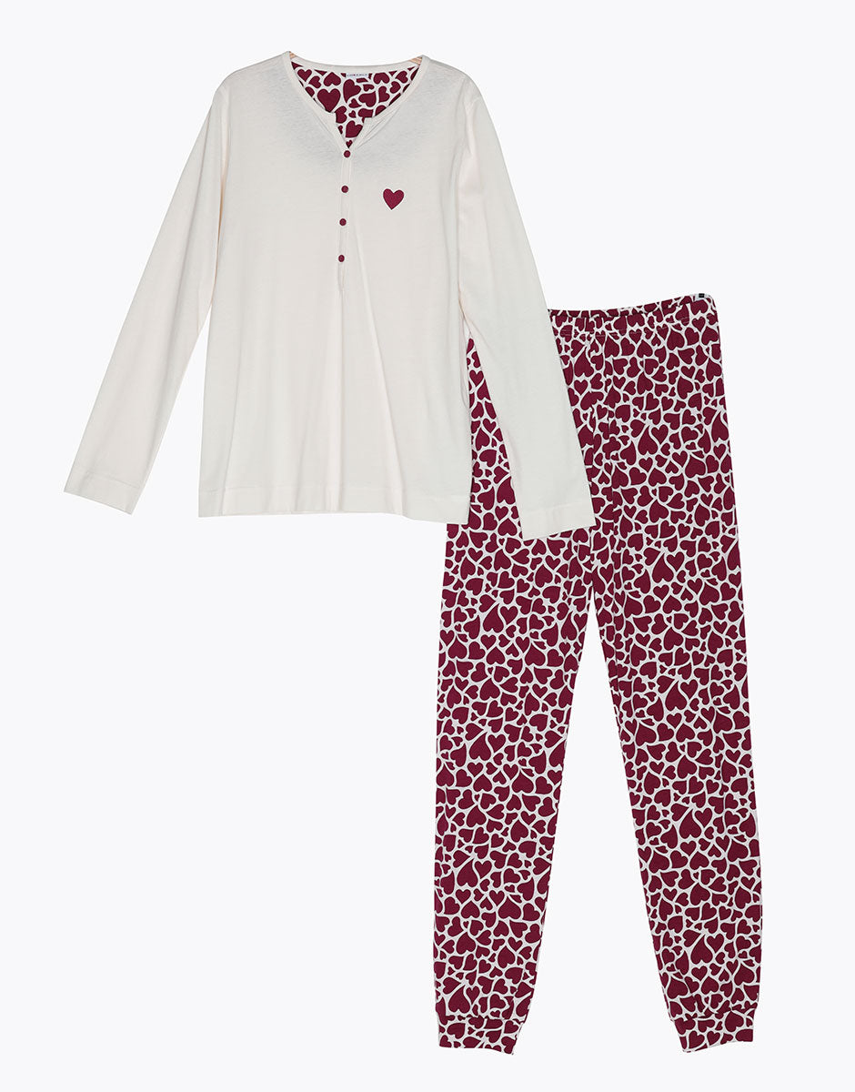 DIM Pijama largo tipo serafino en jersey marfil para mujer