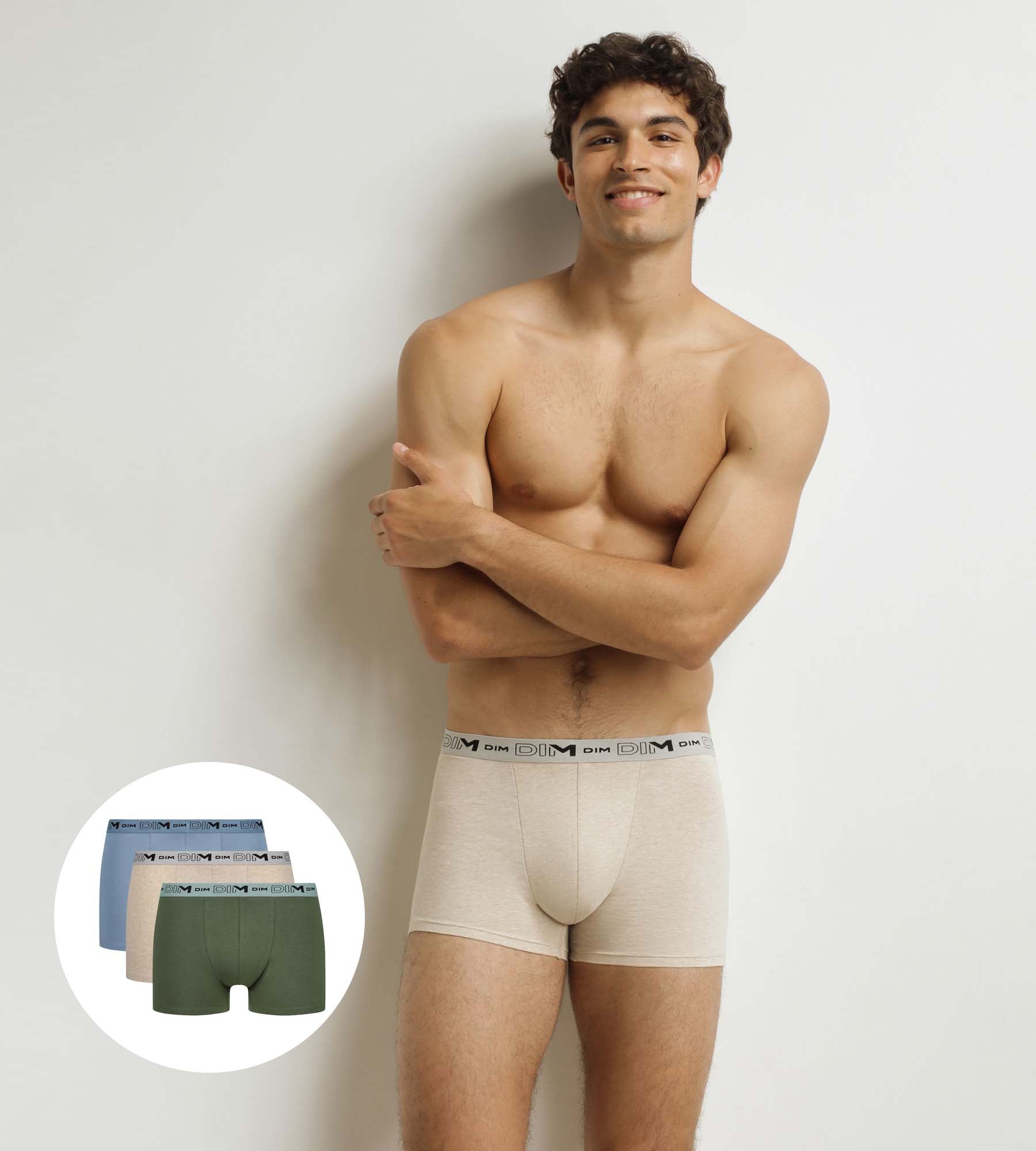 DIM Pack de 3 calzoncillos para hombre Beige Azul Caqui Algodón orgánico elástico