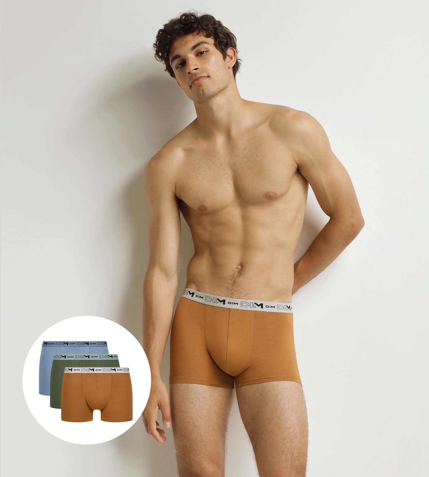 DIM Juego de 3 calzoncillos bóxer para hombre de algodón orgánico color caqui ocre azul
