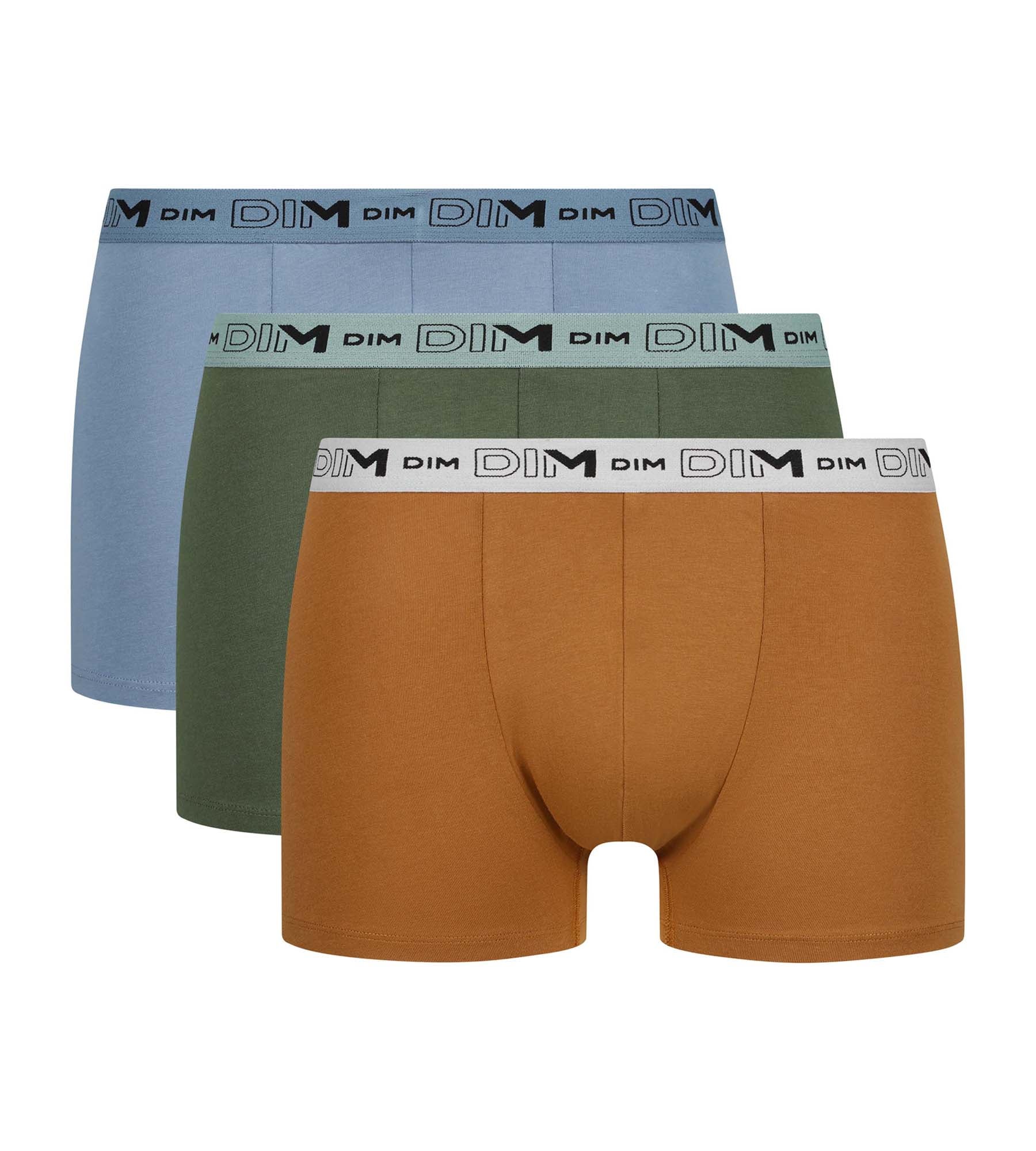 DIM Juego de 3 calzoncillos bóxer para hombre de algodón orgánico color caqui ocre azul