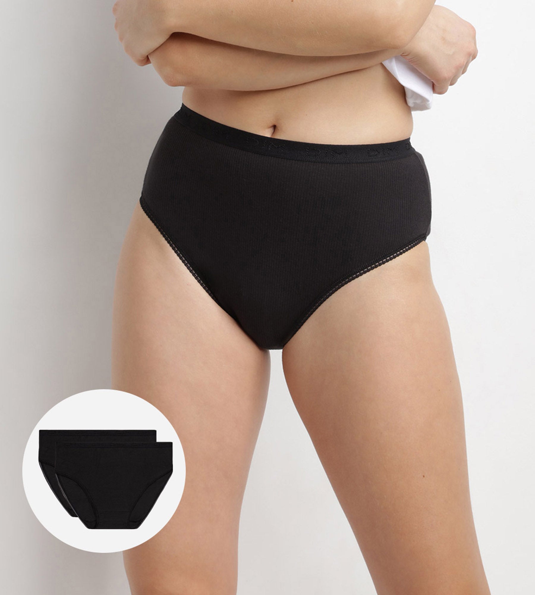 DIM Pack de 2 braguitas 100% algodón negras de talle alto Pur Coton
