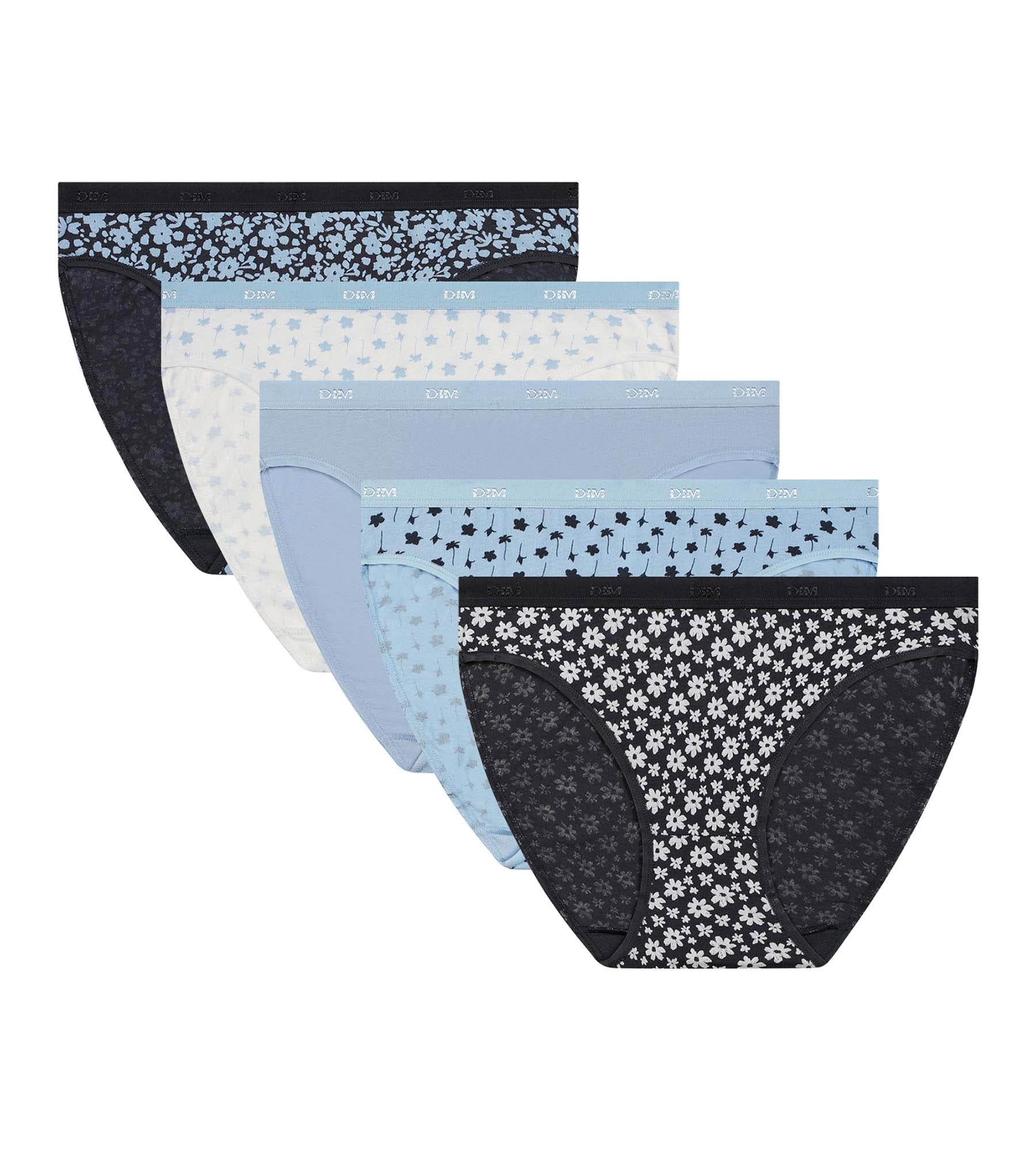 DIM Pack de 5 bragas de mujer de algodón elástico floral Azul Les Pockets