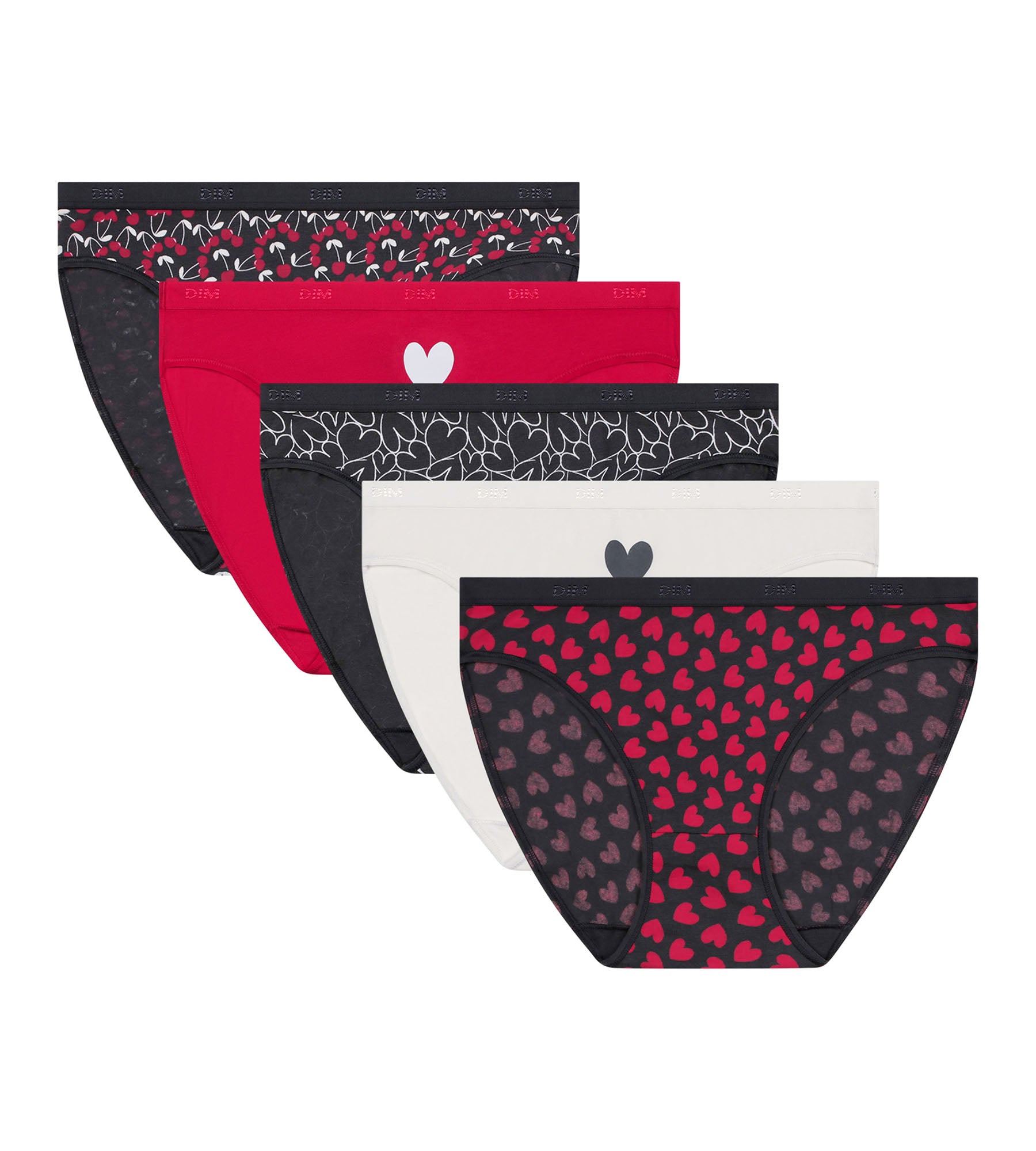 DIM Pack de 5 bragas de algodón elástico para mujer con estampado de corazones Rojo Les Pockets