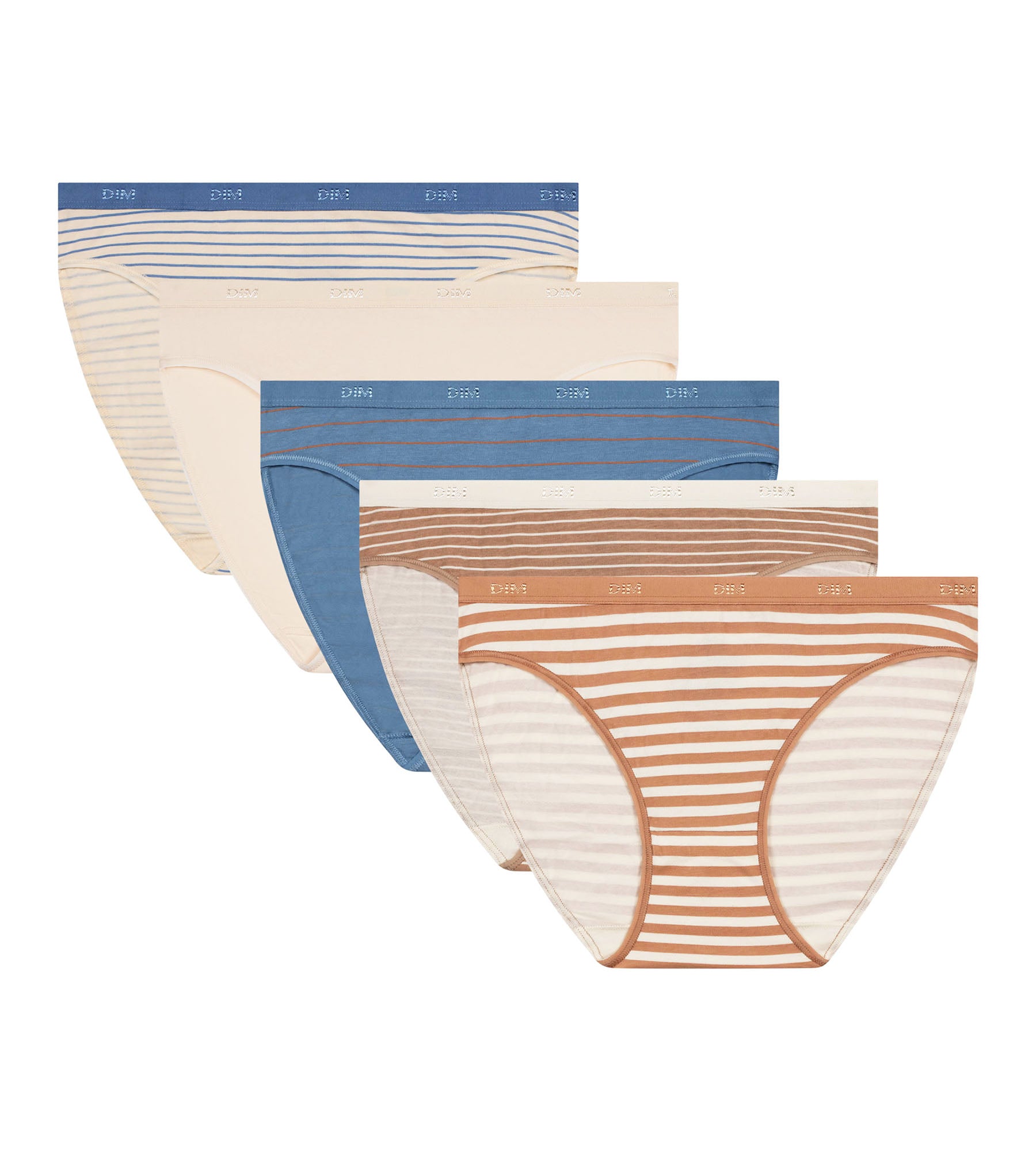 DIM Pack de 5 bragas de mujer de algodón elástico a rayas Azul Crema Les Pockets